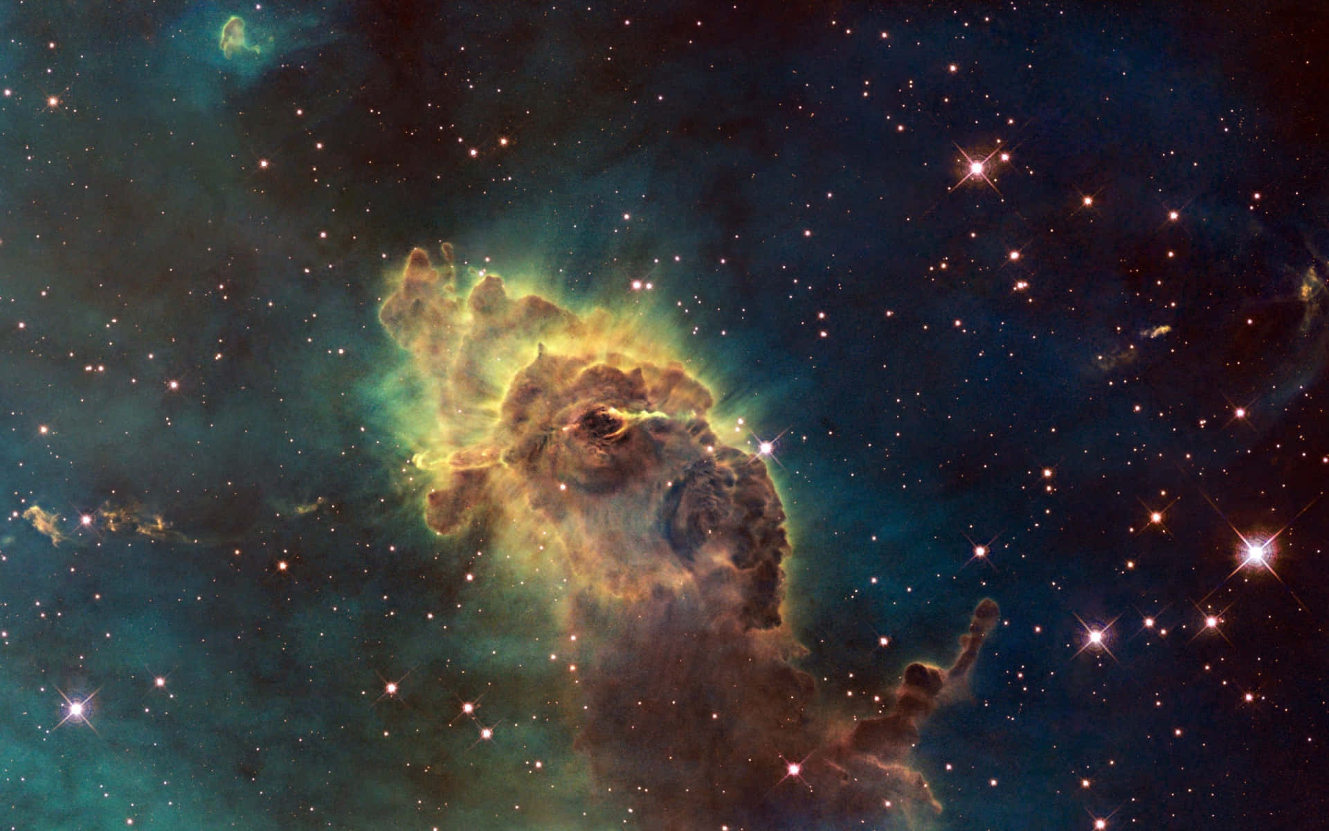 桌布 壁紙 — 宇宙星雲在深空星場中散發出充滿活力的綠色和橙色色調。