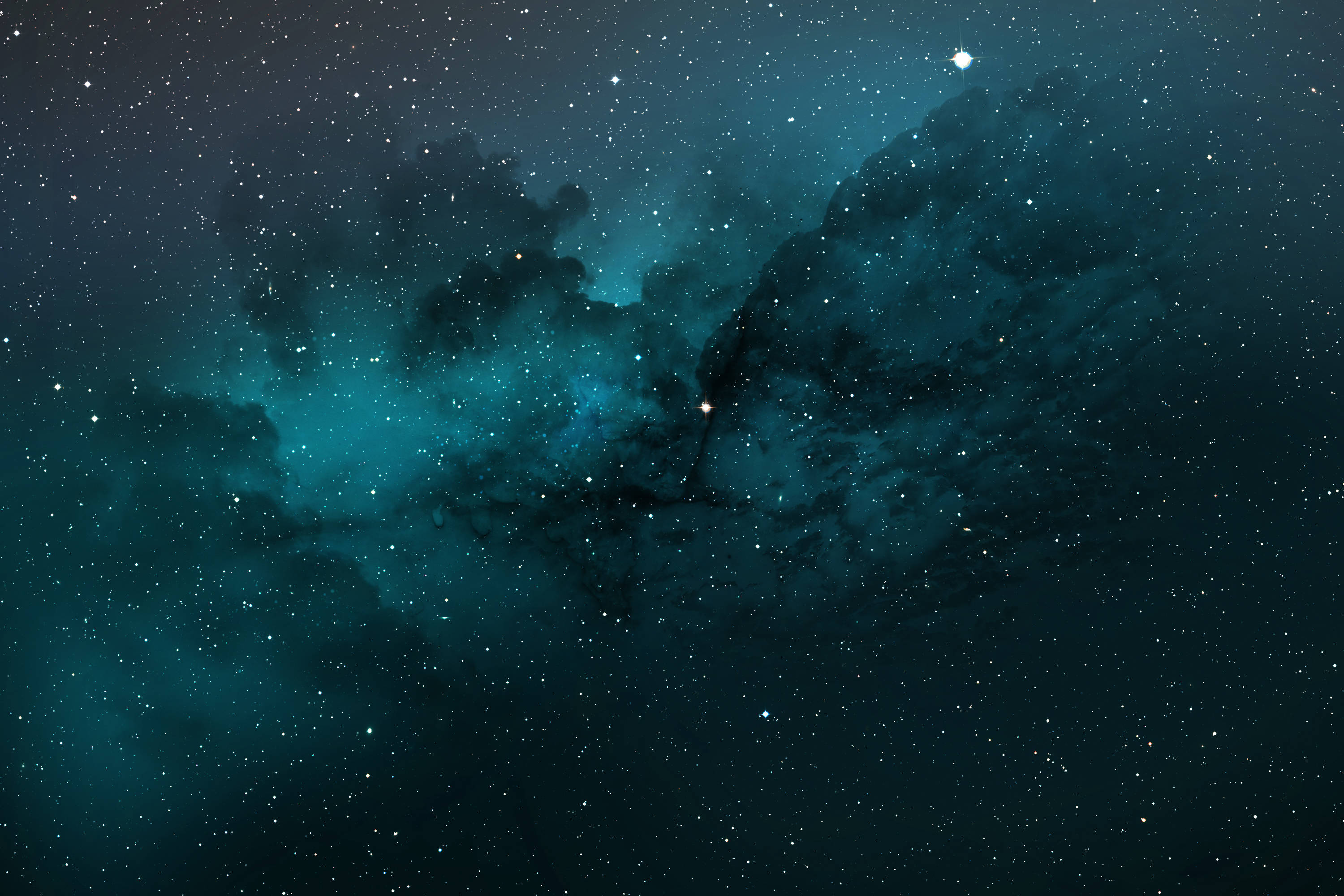 Stars 桌布 壁紙 — 宇宙星雲在深空星場中散發著青綠色和黑色的光芒。