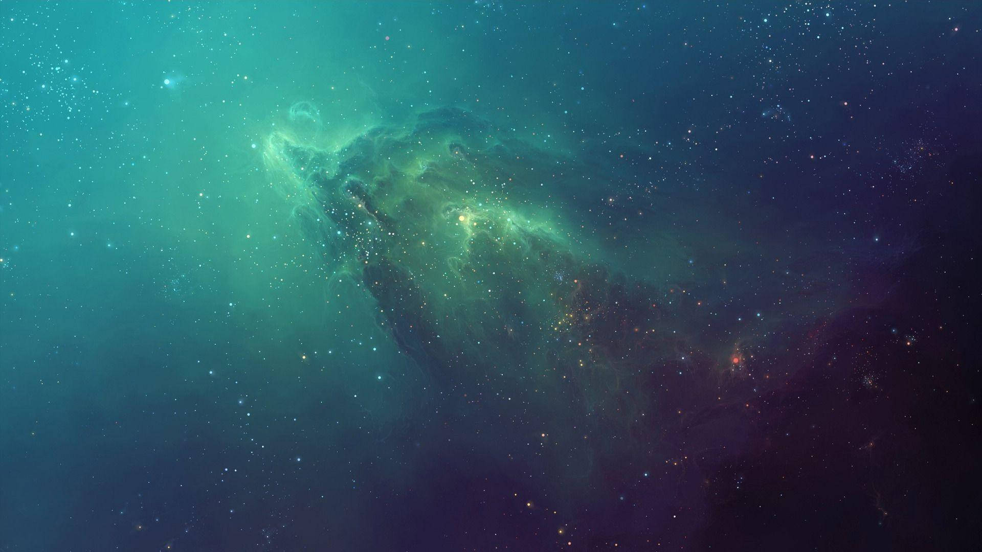 藍色銀河 桌布 壁紙 — 宇宙星雲在深空星場中散發著青綠色和紫色的光芒。