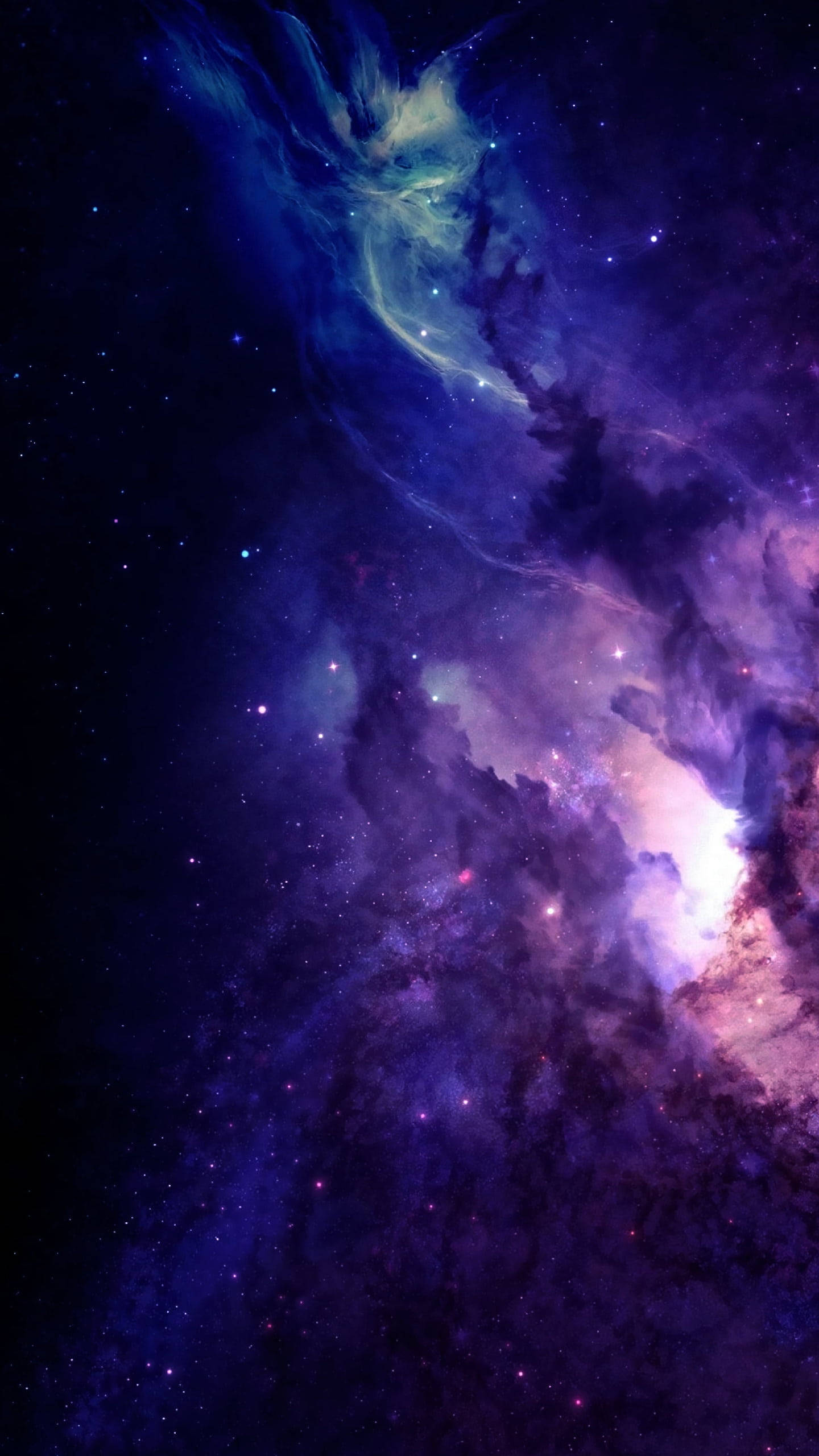 iPhone 桌布 壁紙 — 宇宙星雲在深空星場中旋轉，呈現出充滿活力的紫色、粉紅色和藍色。