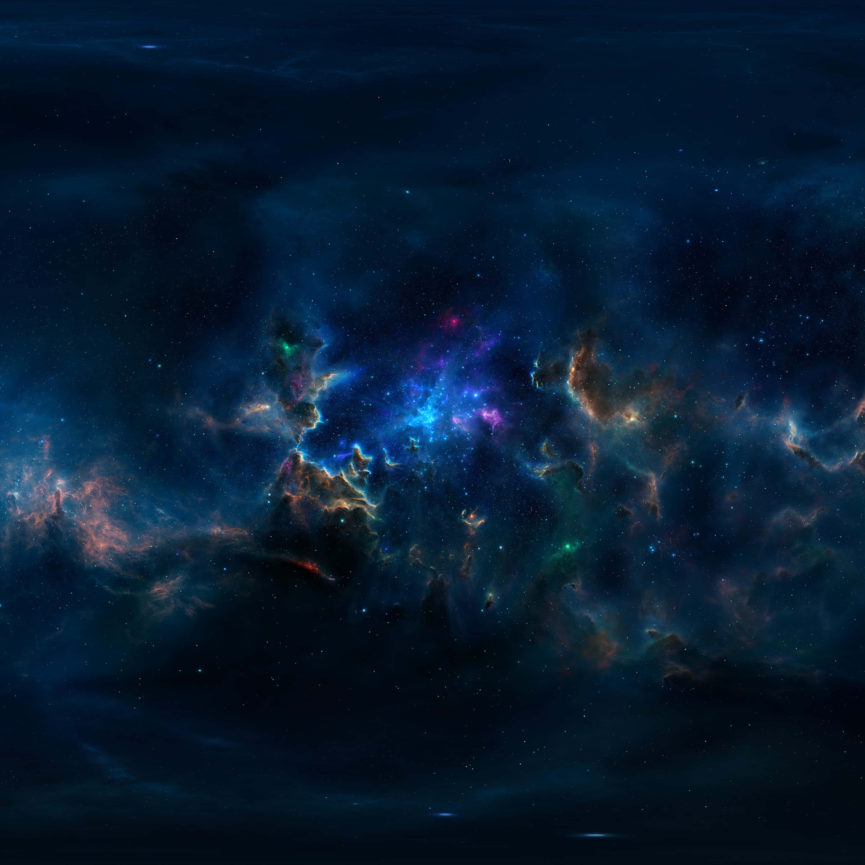 桌布 壁紙 — 宇宙星雲在深空星場中旋轉，呈現鮮豔的藍色、紫色和橙色。