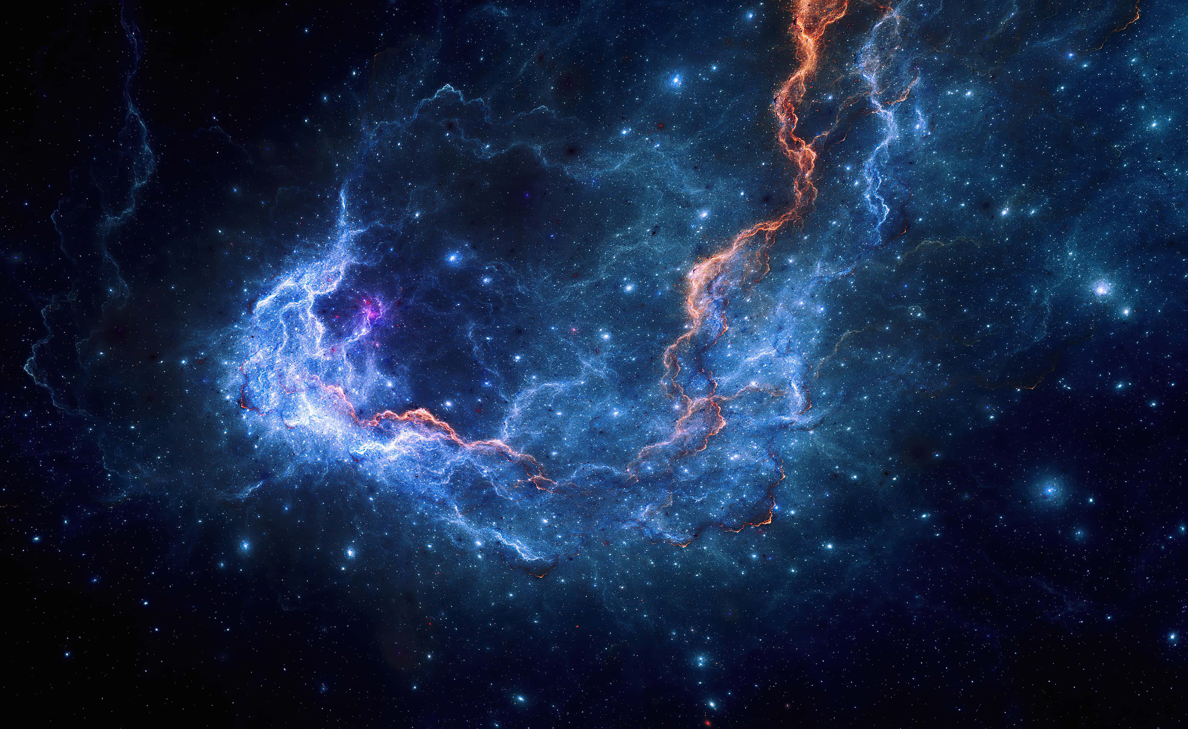 桌布 壁紙 — 宇宙星雲在深空星場中旋轉，帶有電藍色和火橙色卷鬚。