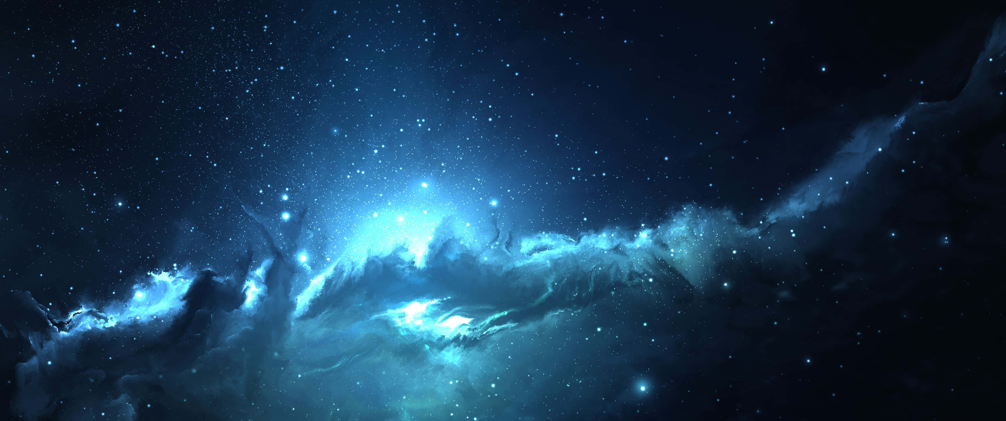 桌布 壁紙 — 宇宙星雲在深空星場中發出電藍色和藍綠色的光芒。