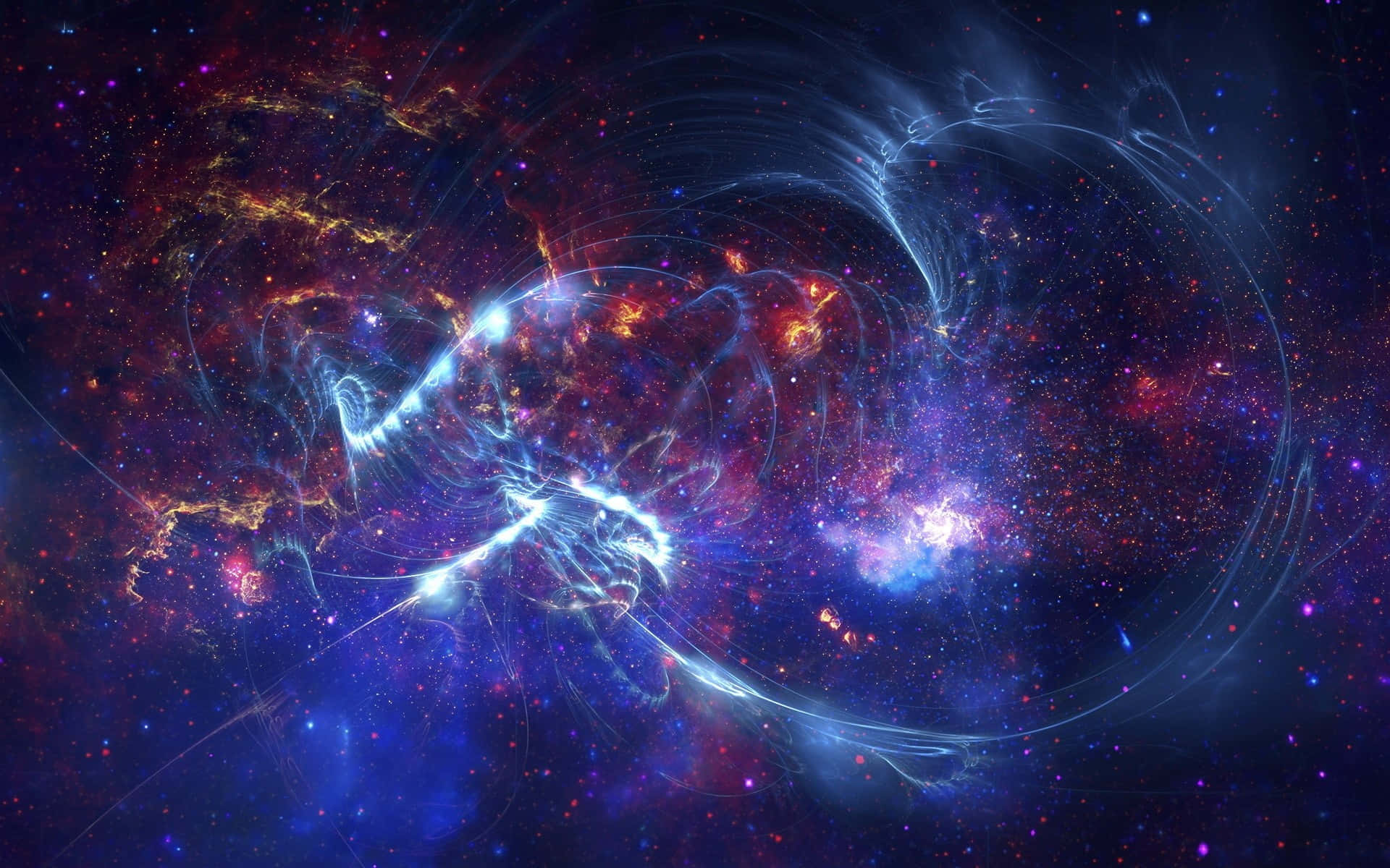 Beautiful Space 桌布 壁紙 — 宇宙星雲在深紫色和深紅色的星場中，旋轉著電藍色和火橙色的卷鬚。