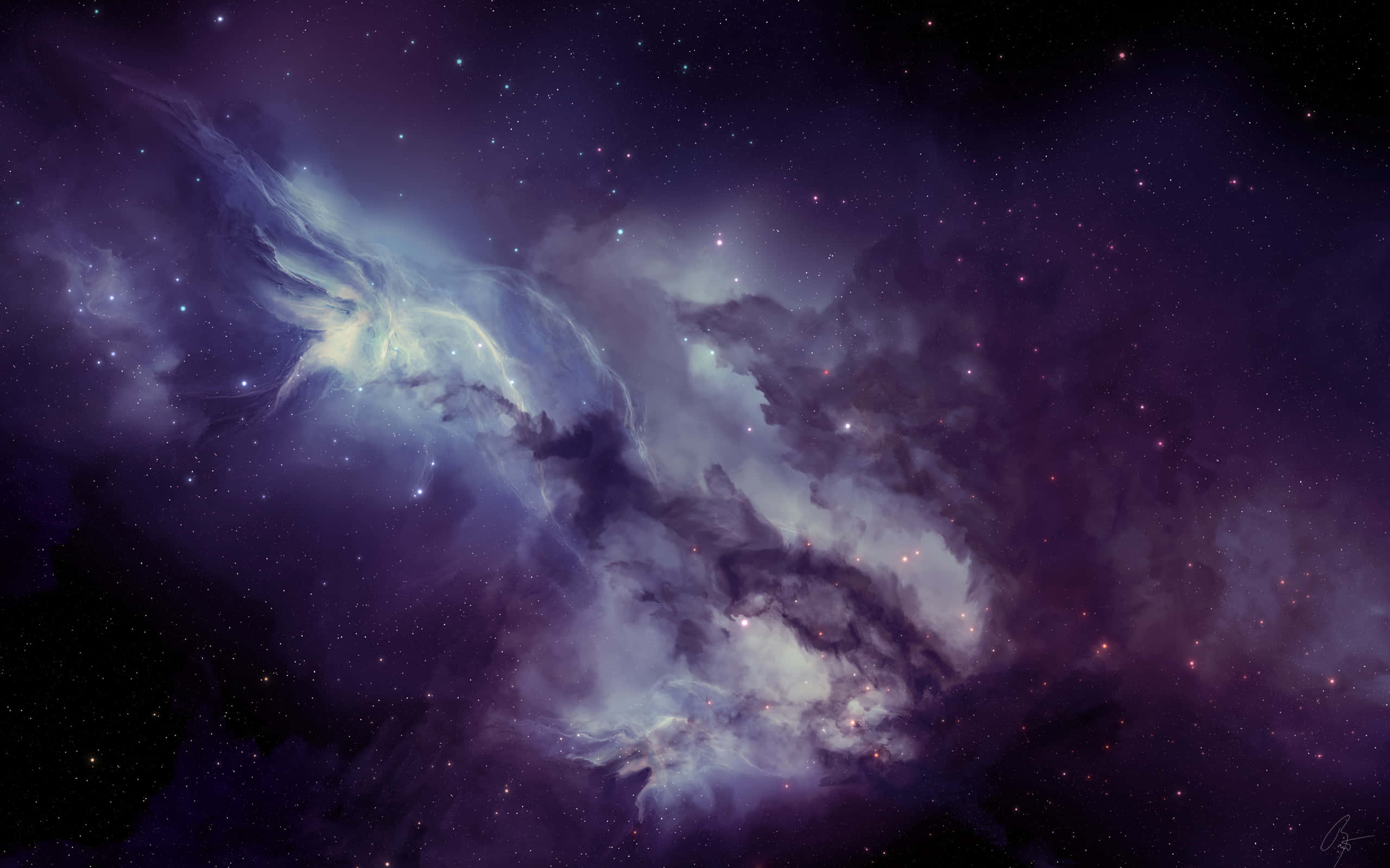 銀河 桌布 壁紙 — 宇宙星雲在深紫色和發光藍色中旋轉，背景是外太空的星場。