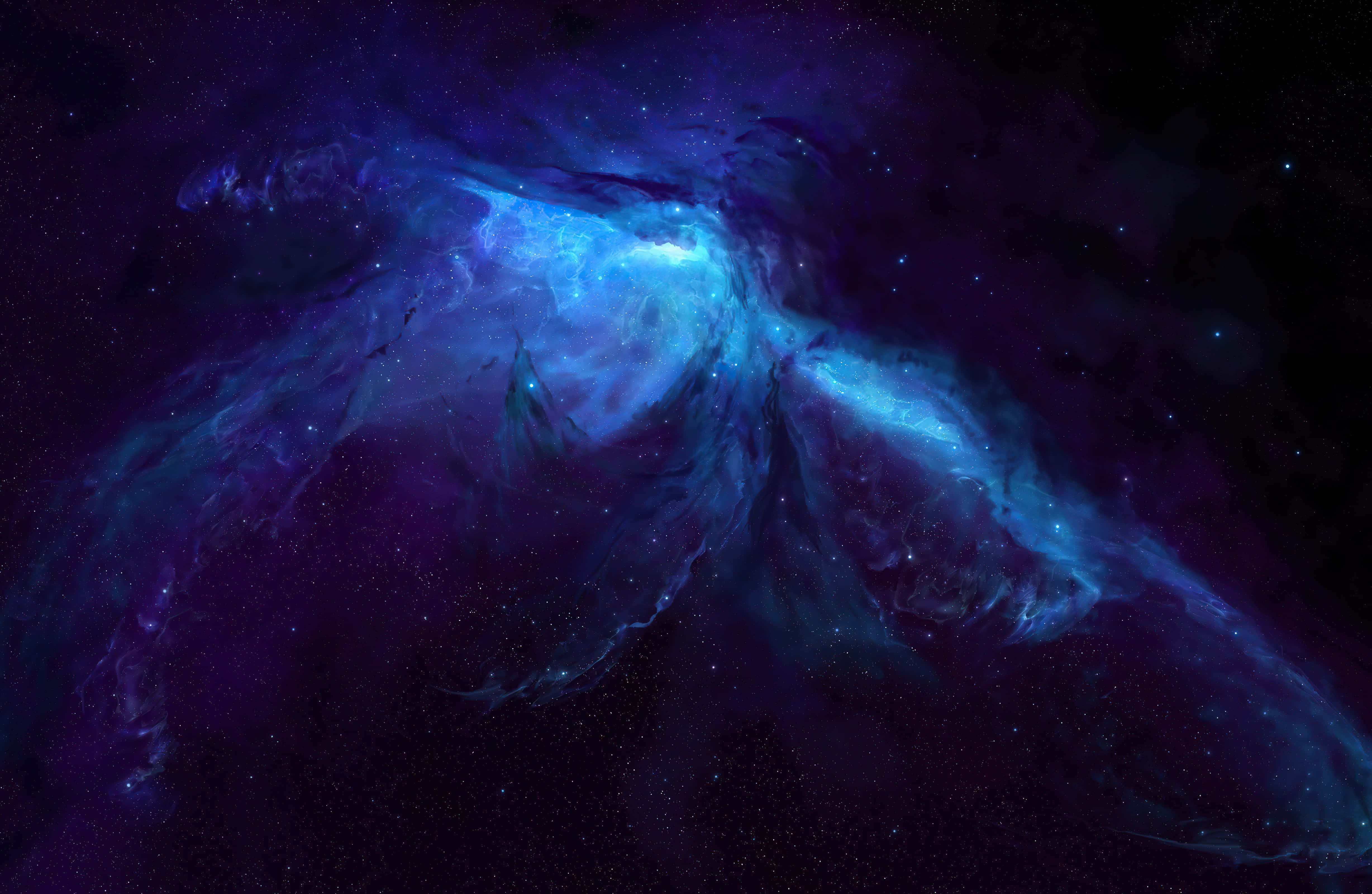 桌布 壁紙 — 宇宙星雲在深紫色和電光藍色中旋轉，背景是太空中的星場。