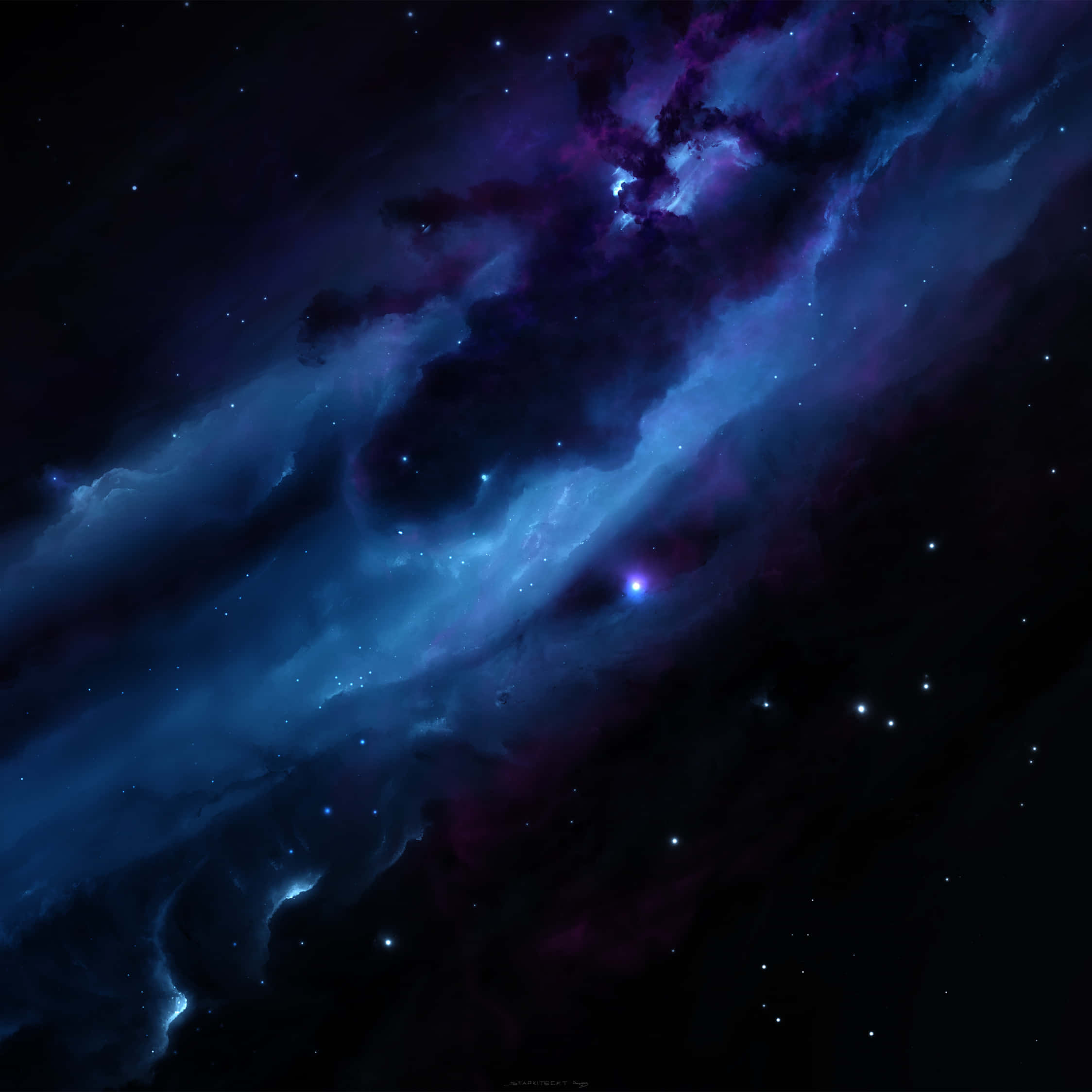 桌布 壁紙 — 宇宙星雲在深藍和紫色中旋轉，發光的星星散落在黑暗的太空虛空中。
