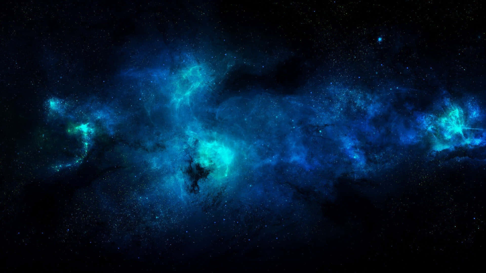宇宙 桌布 壁紙 — 宇宙星雲在深藍色和青綠色中旋轉，映襯著黑色虛空下的星場。