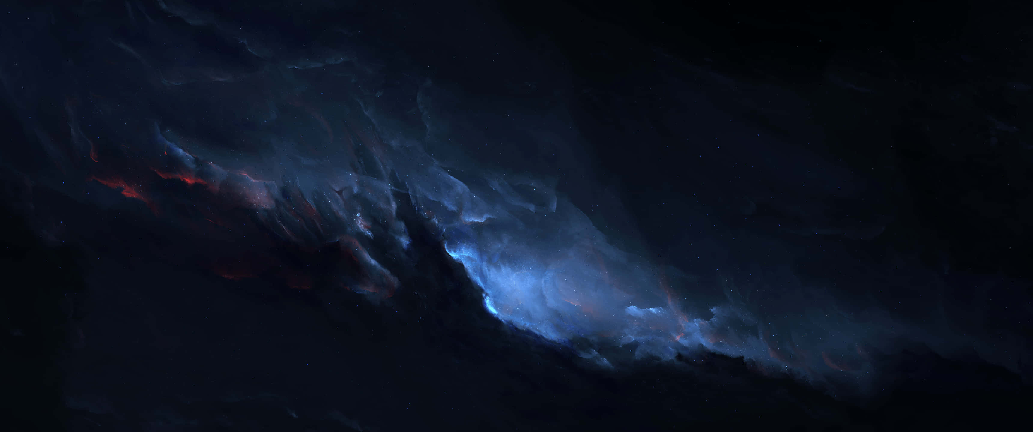 Night Aesthetic 桌布 壁紙 — 宇宙星雲在無星的虛空中旋轉，呈現深藍和火紅的色彩。