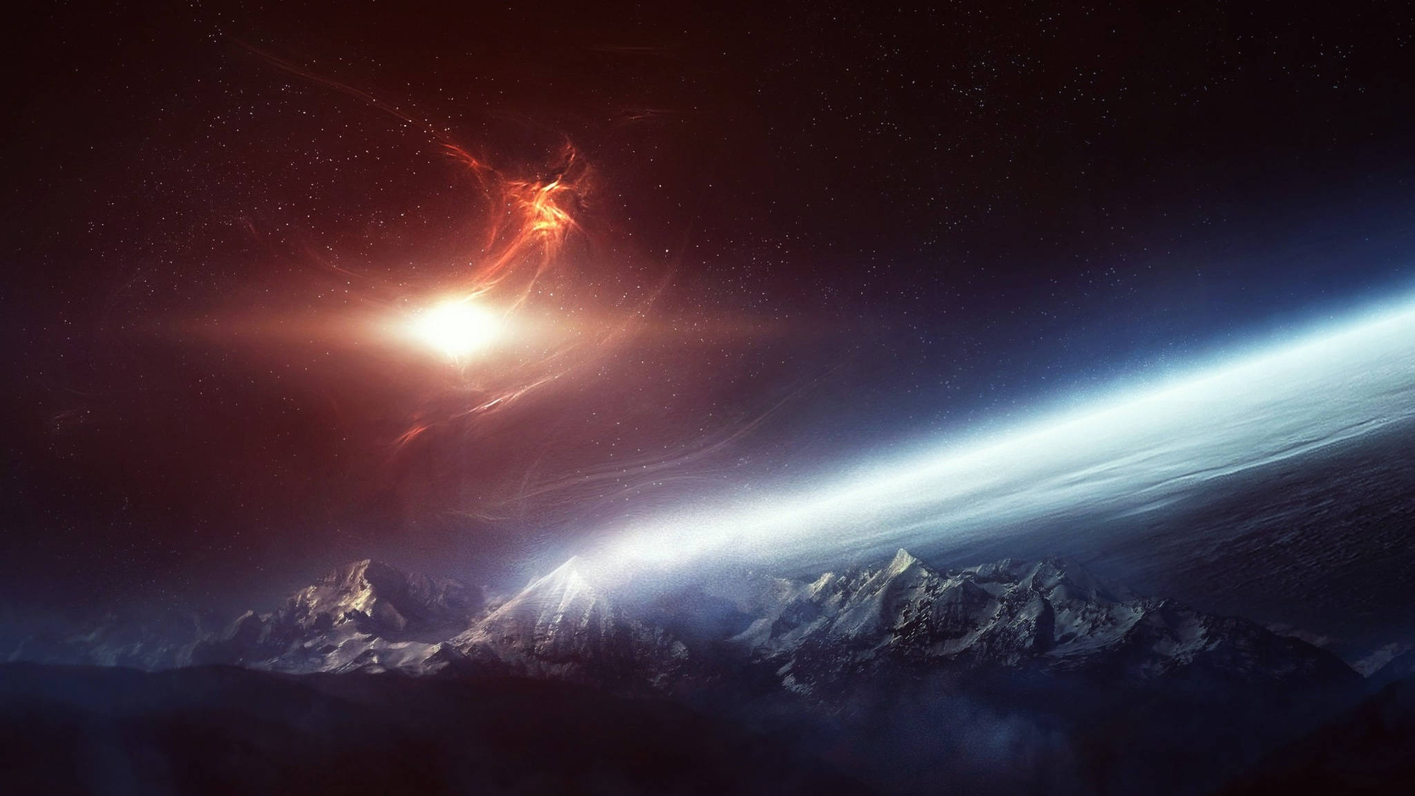 太空 桌布 壁紙 — 宇宙星雲在積雪的山峰上方發出火紅的光芒，映襯著繁星點點的夜空和地球彎曲的地平線。