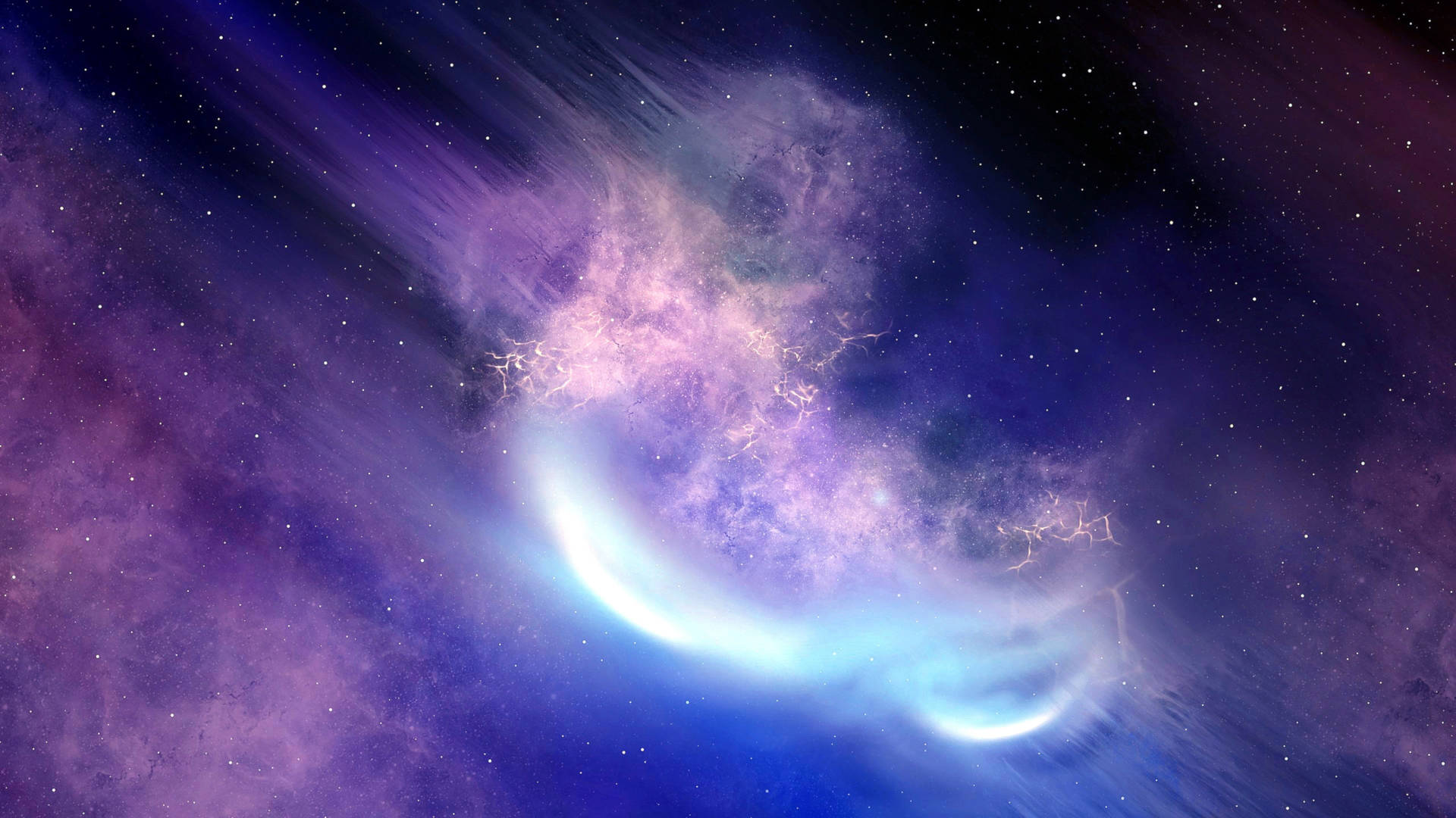 Blue And Purple Galaxy 桌布 壁紙 — 宇宙星雲在繁星背景下以鮮豔的紫色和藍色旋轉，並伴有發光的閃電。