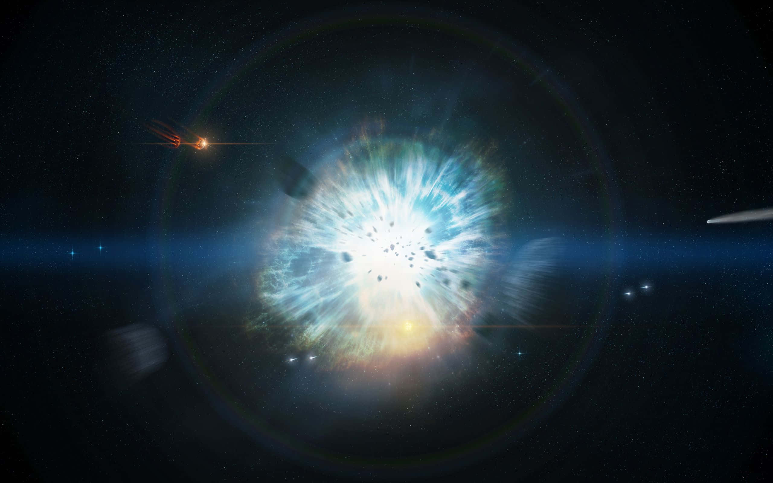 Supernova Explosion 桌布 壁紙 — 宇宙星雲在繁星點點的虛空中以鮮豔的藍色和白色爆炸，並有航天器劃過。