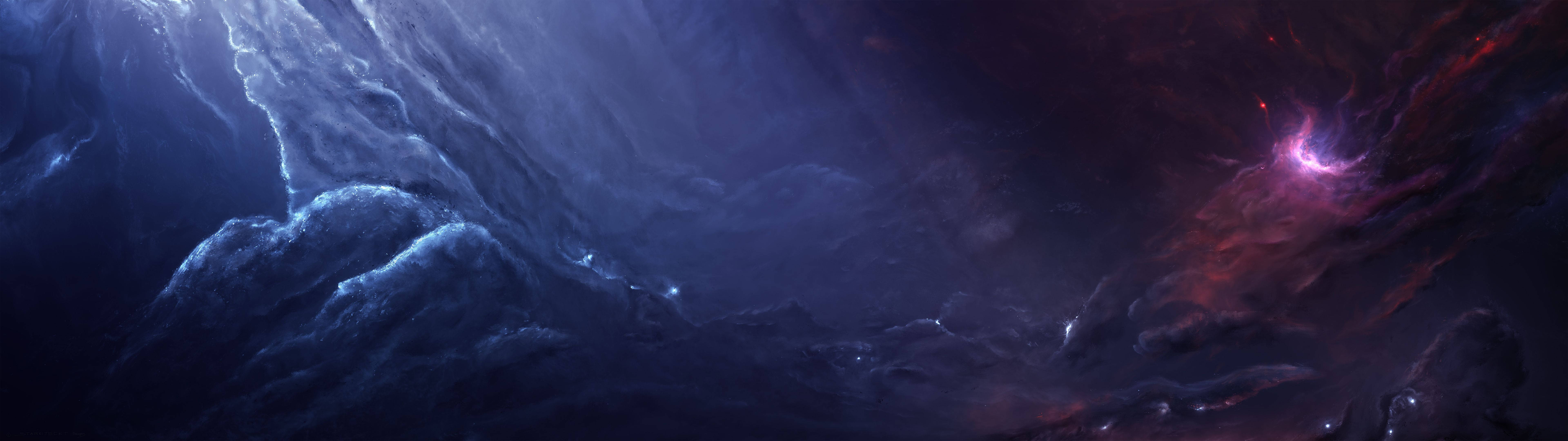 Screen 桌布 壁紙 — 宇宙星雲在蒼穹光芒下，以深藍與火紅交織旋轉。