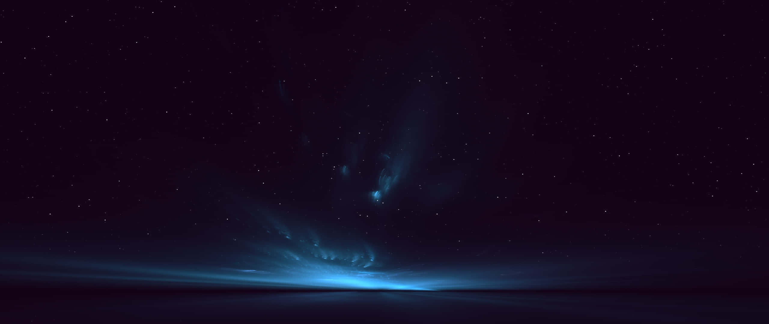 寬螢幕動態圖片 桌布 壁紙 — 宇宙星雲在黑暗地平線之上的星空夜空中發出電光藍光。