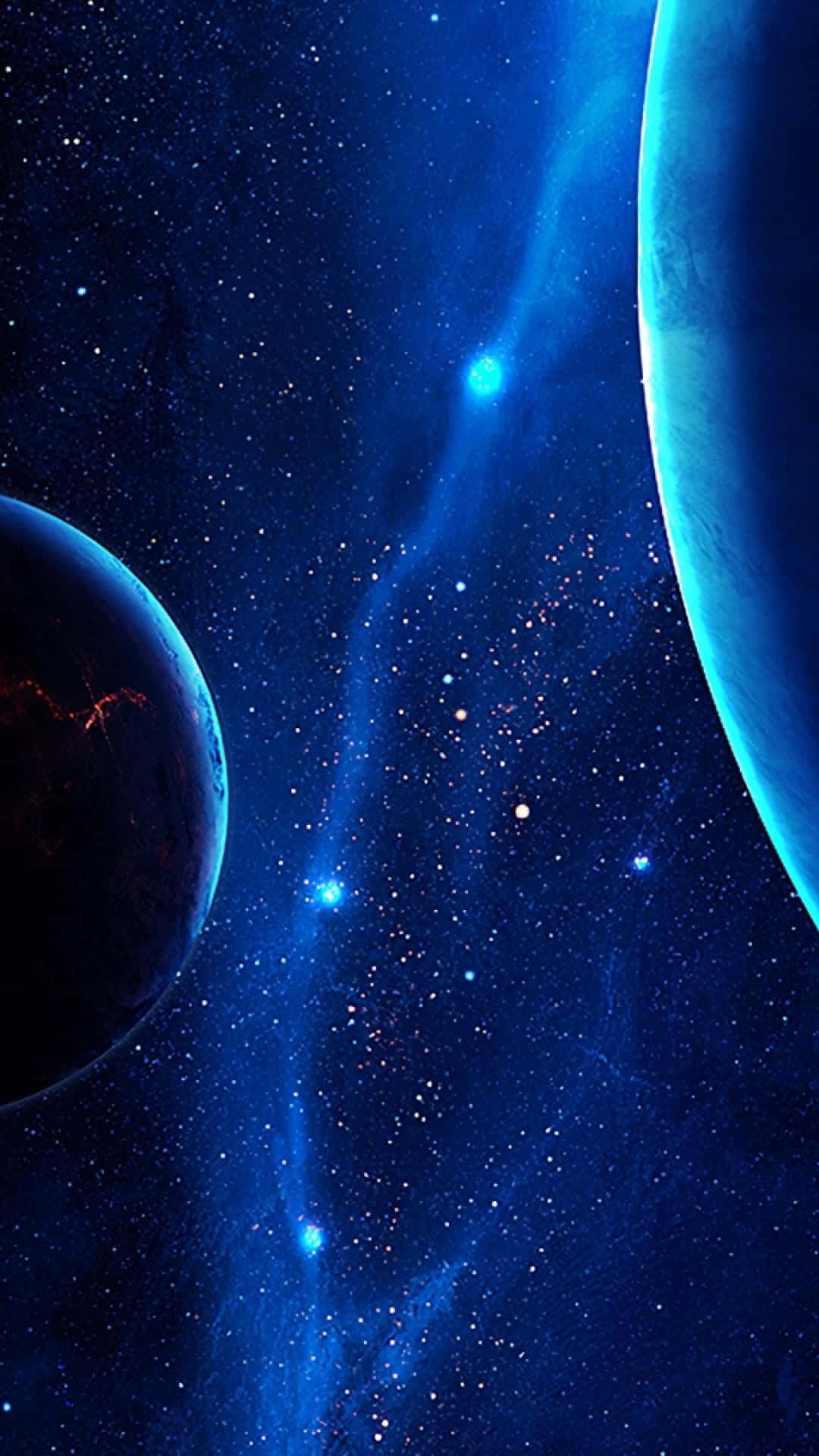 宇宙 桌布 壁紙 — 宇宙景觀，包含兩顆行星和一個發光的藍色星雲，背景是星空。