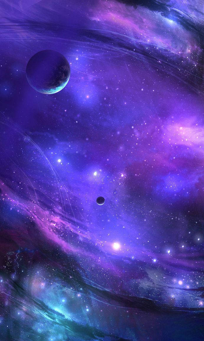 Stars 桌布 壁紙 — 宇宙景觀，呈現旋轉的紫色和藍色星雲，點綴著星星和兩顆行星在深空中漂流。