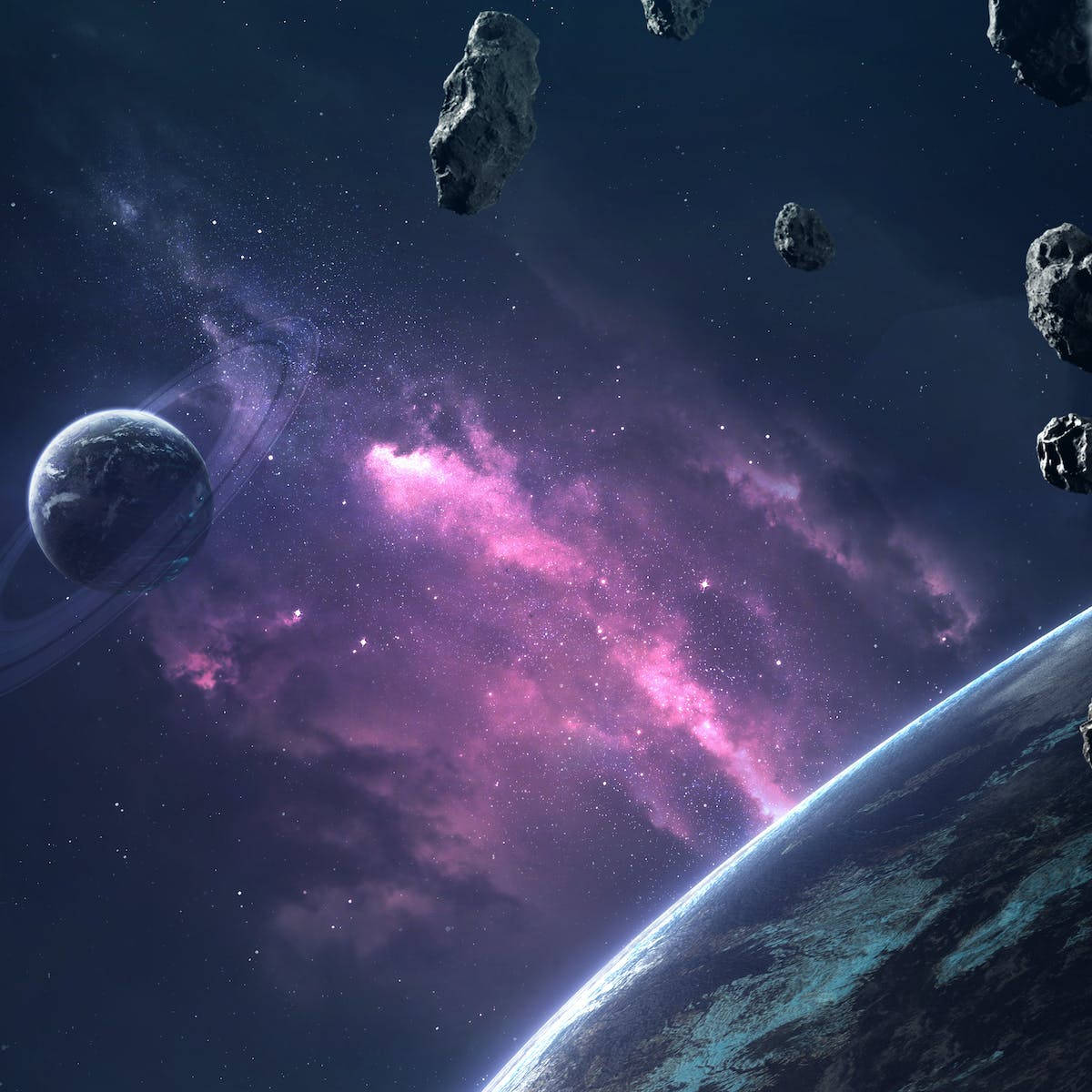 太空 桌布 壁紙 — 宇宙景觀，在深空中兩個帶環行星之間有一個充滿活力的粉紅色星雲和漂浮的小行星。