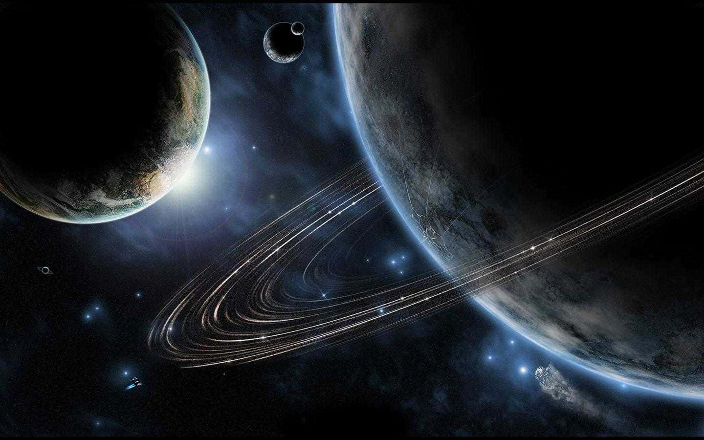 電腦 桌布 壁紙 — 宇宙景觀，展示一個帶有光環的行星和一個類似地球的世界，在深空的星光下閃耀。