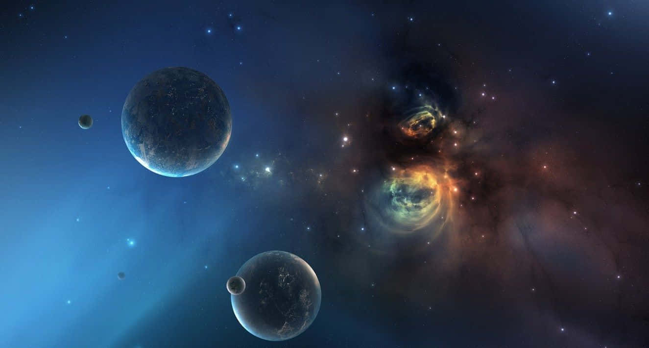 Impressive 桌布 壁紙 — 宇宙景觀，發光的星雲和遙遠的行星在繁星點點的虛空中飄浮。