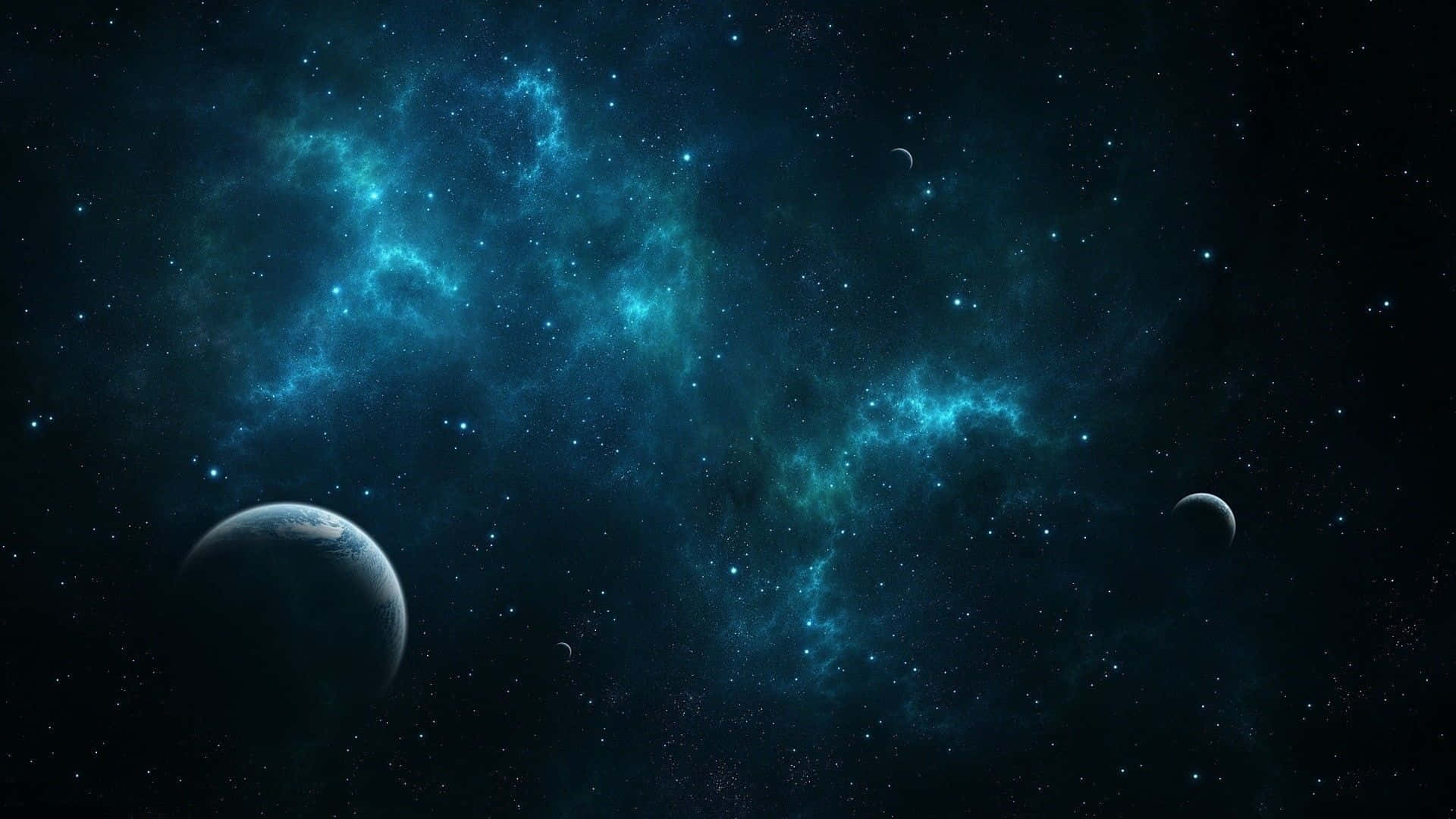 Cosmic 桌布 壁紙 — 宇宙景觀，發光的青綠色星雲和遙遠行星點綴在佈滿星辰的黑色虛空中。