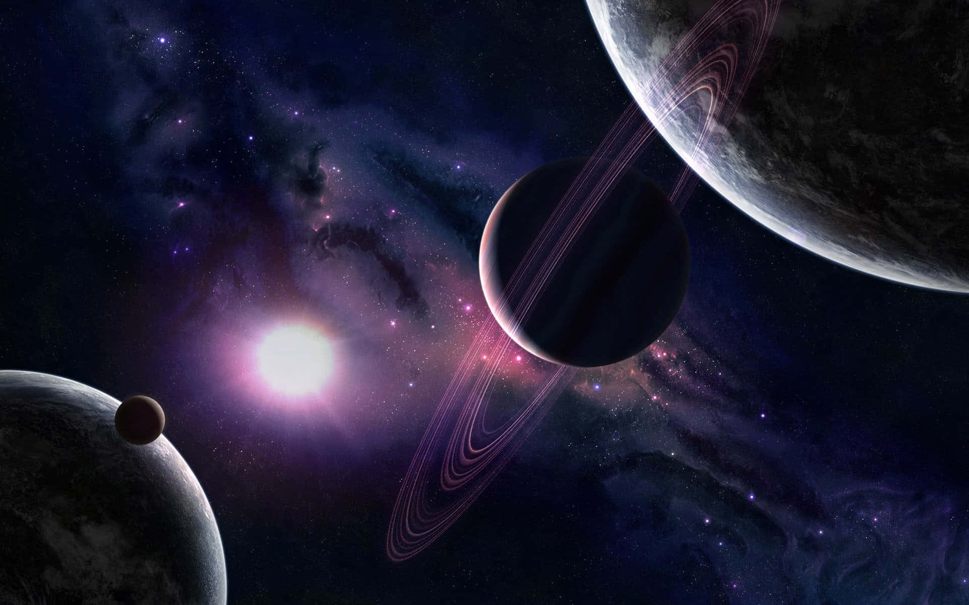 酷炫太空 桌布 壁紙 — 宇宙景觀中，一顆發光的恆星照亮了帶環行星和深空中的星雲。