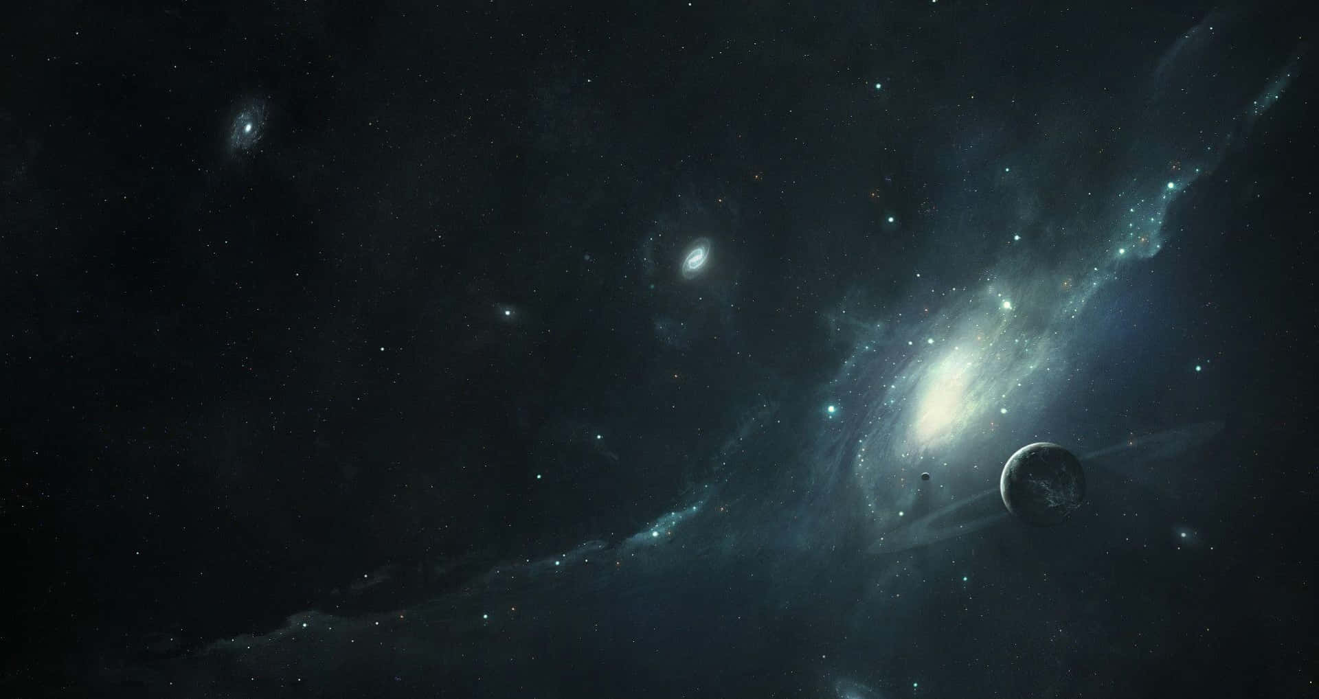 一個發光的螺旋星系，帶有環的黑暗行星，在繁星點點的宇宙中。 — 行星動畫 壁紙