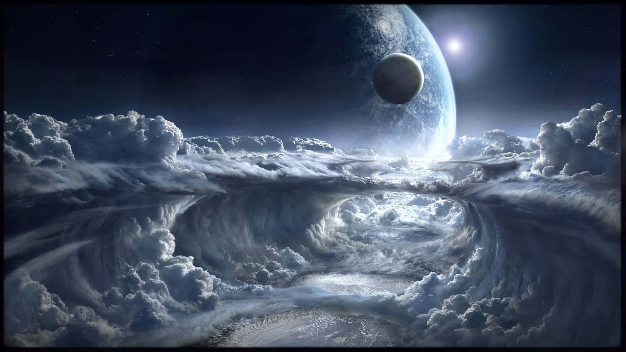 寬螢幕動態圖片 桌布 壁紙 — 宇宙景觀展現出在星空下，巨大行星和月球下方旋轉的雲層。