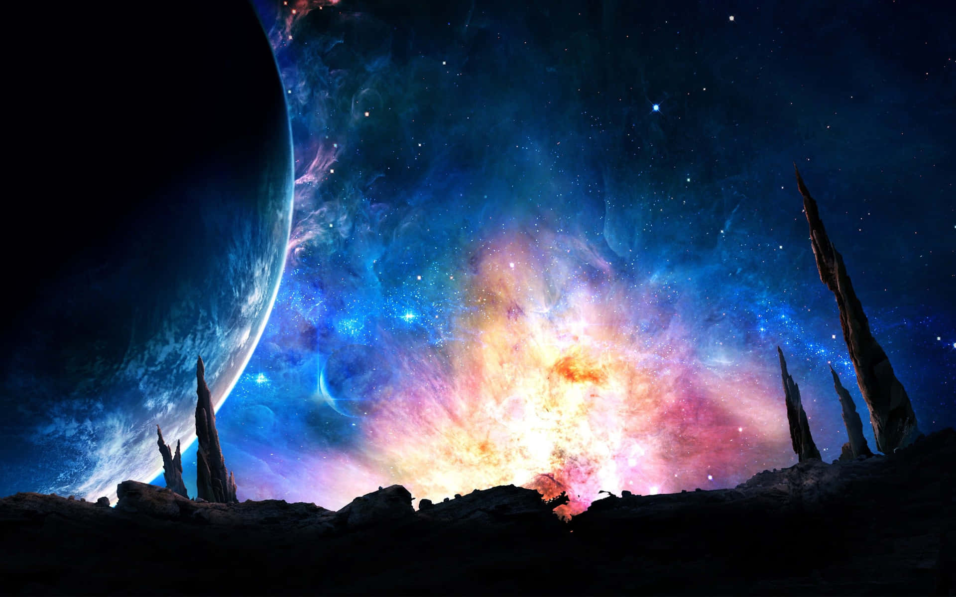 在色彩繽紛的星雲和星場下，荒蕪行星上的外星岩石地貌。 — 星雲 GIF 壁紙