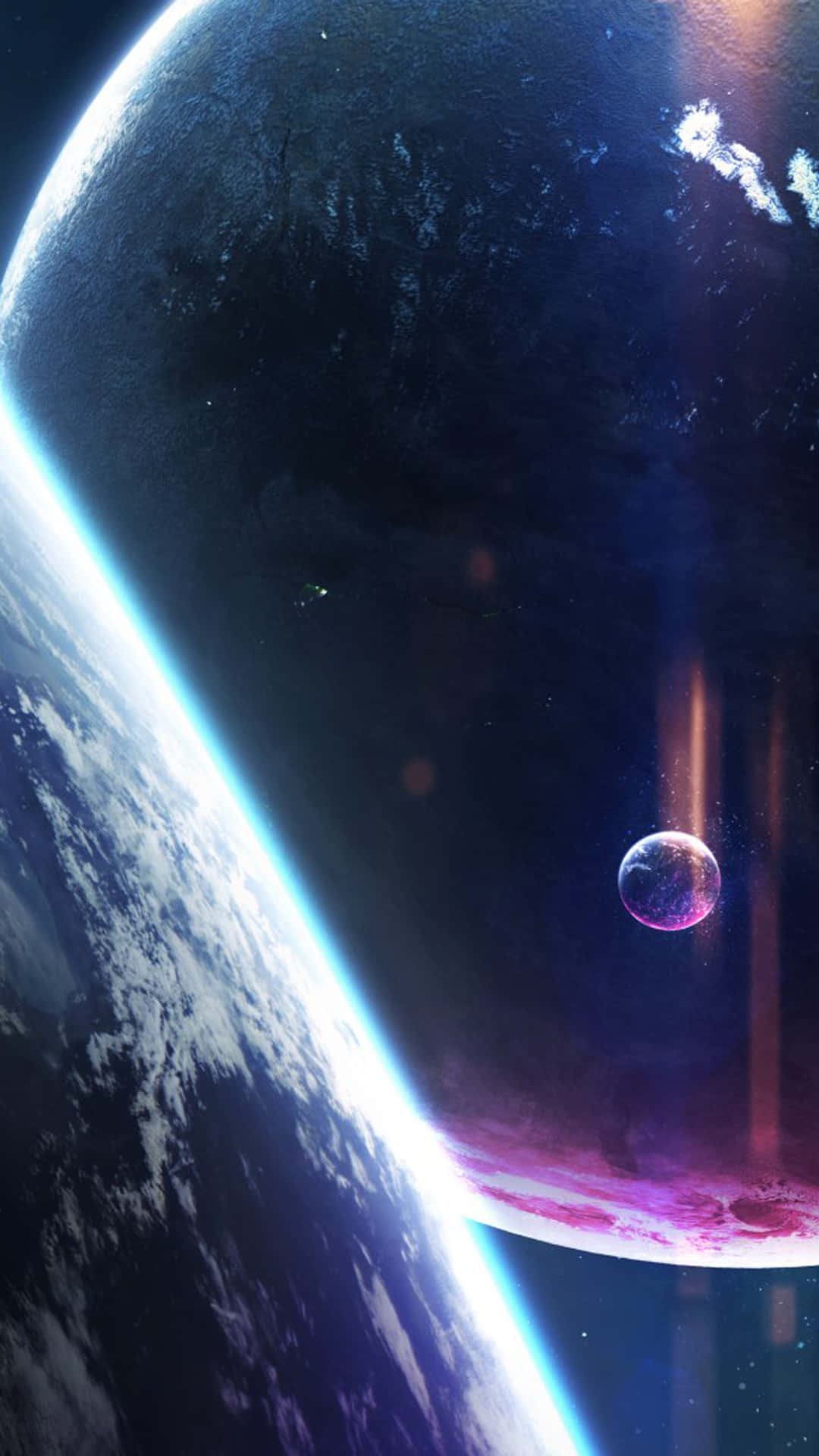 銀河 桌布 壁紙 — 宇宙景觀顯示一顆巨大的行星，帶有發光的大氣層，附近漂浮著一顆較小的行星，背景是繁星點點的虛空。