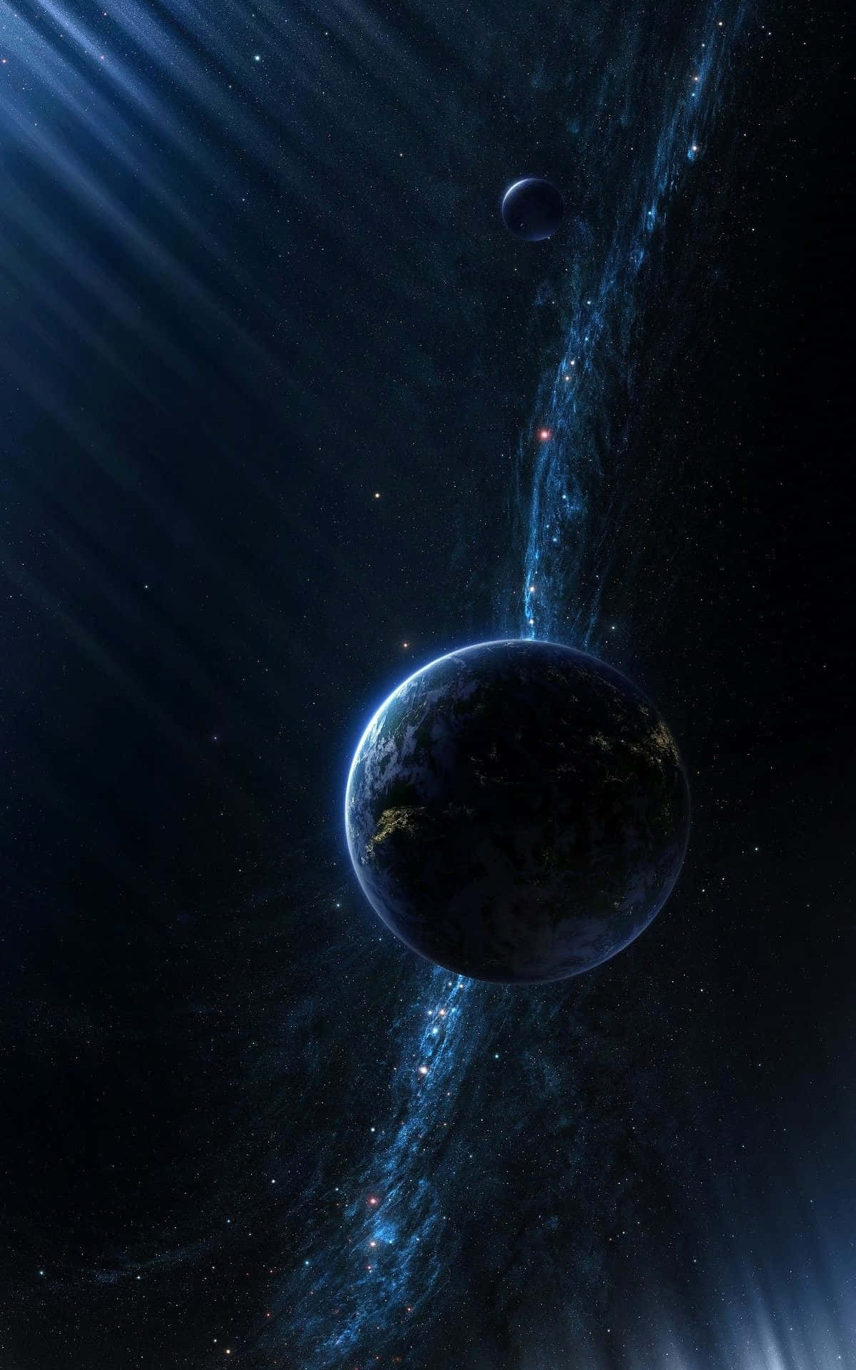 Vertical Monitor 桌布 壁紙 — 宇宙景觀顯示一顆帶有發光城市燈光的行星，在星光下環繞著充滿活力的藍色星雲運行。