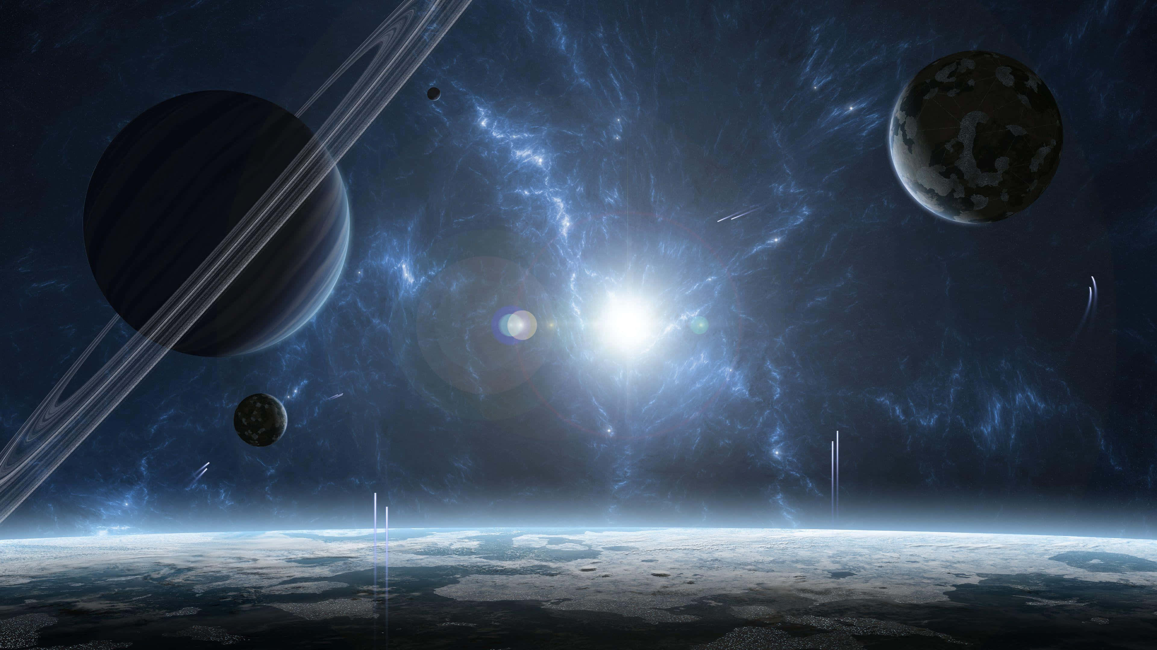 4K 太空 桌布 壁紙 — 宇宙景觀顯示一顆明亮的恆星照亮了旋轉的星雲和遙遠的行星，背景是黑暗的太空。