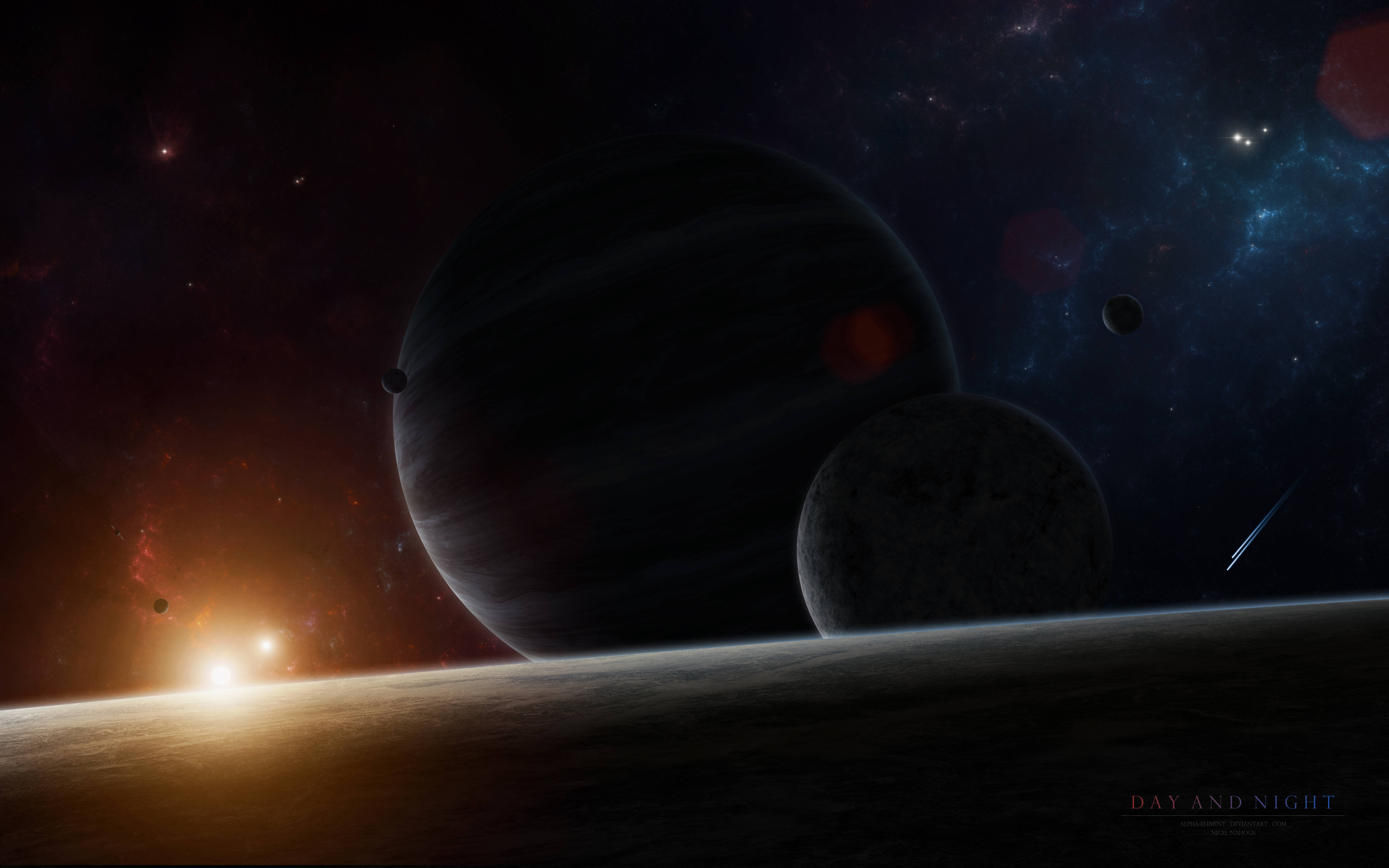 Flash 桌布 壁紙 — 宇宙景觀顯示一顆發光的太陽在黑暗行星上升起，行星有兩個大衛星，背景是繁星點點的星雲天空。