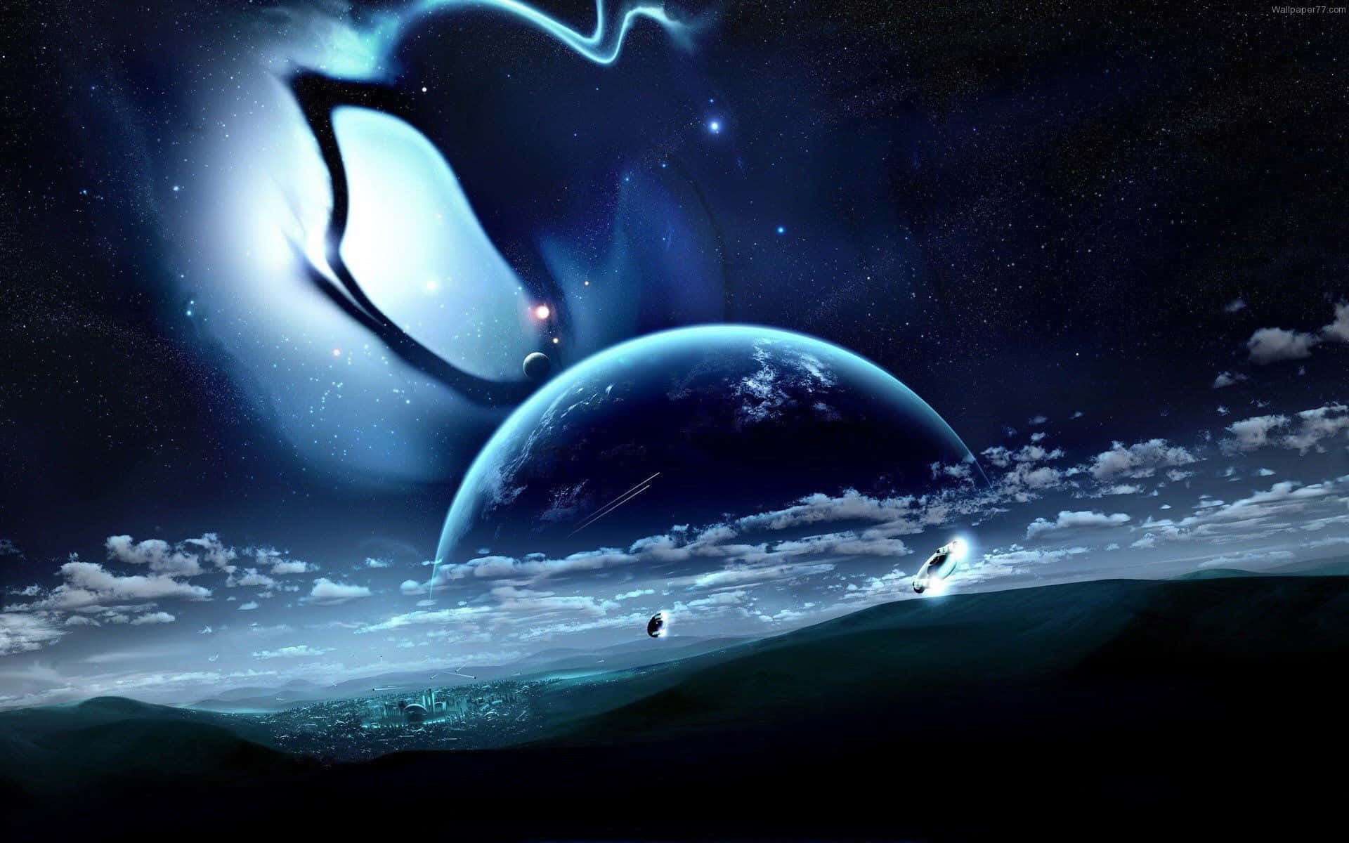 3d Space 桌布 壁紙 — 宇宙景觀顯示一顆發光的藍色行星和旋轉的星雲，位於有飛行太空船的山區景觀之上。