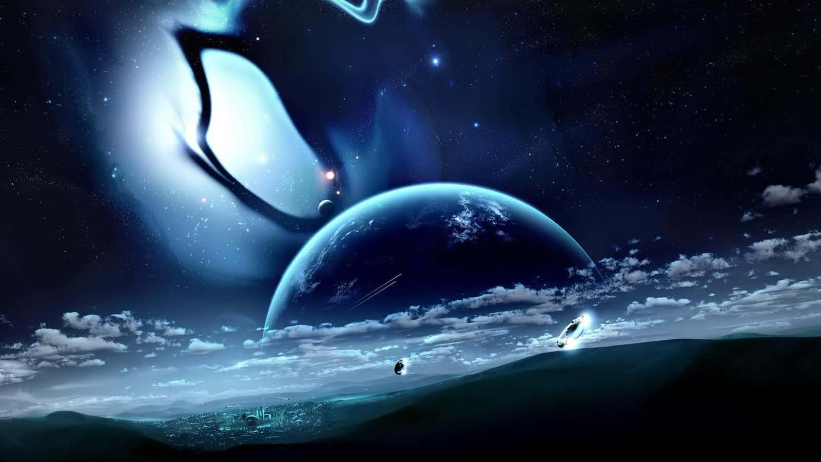 1600x900 桌布 壁紙 — 宇宙景觀顯示一顆發光的藍色行星和一個巨大的眼睛形狀星雲漂浮在雲層覆蓋的景觀之上，遠處有城市。