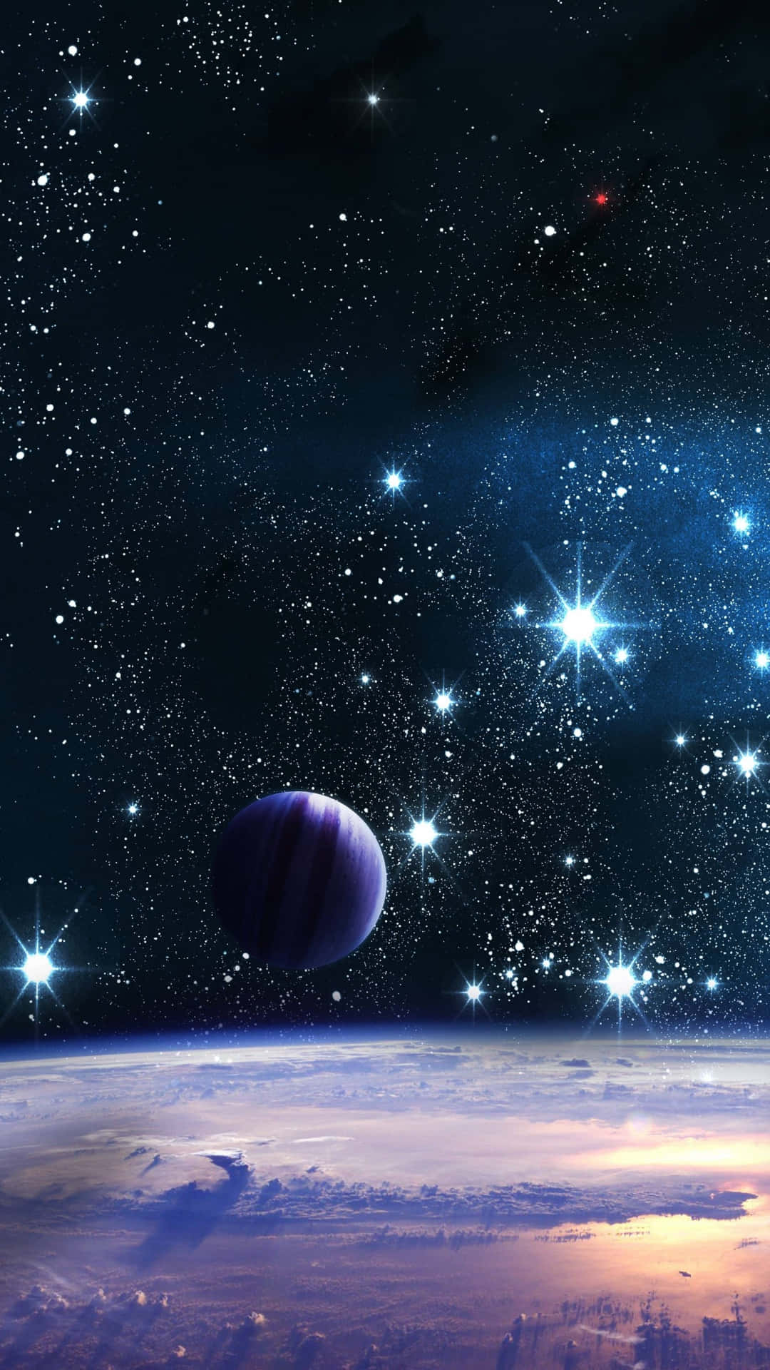銀河 桌布 壁紙 — 宇宙景觀顯示一顆紫色行星漂浮在發光行星的地平線之上，星空中有明亮的藍色星星。