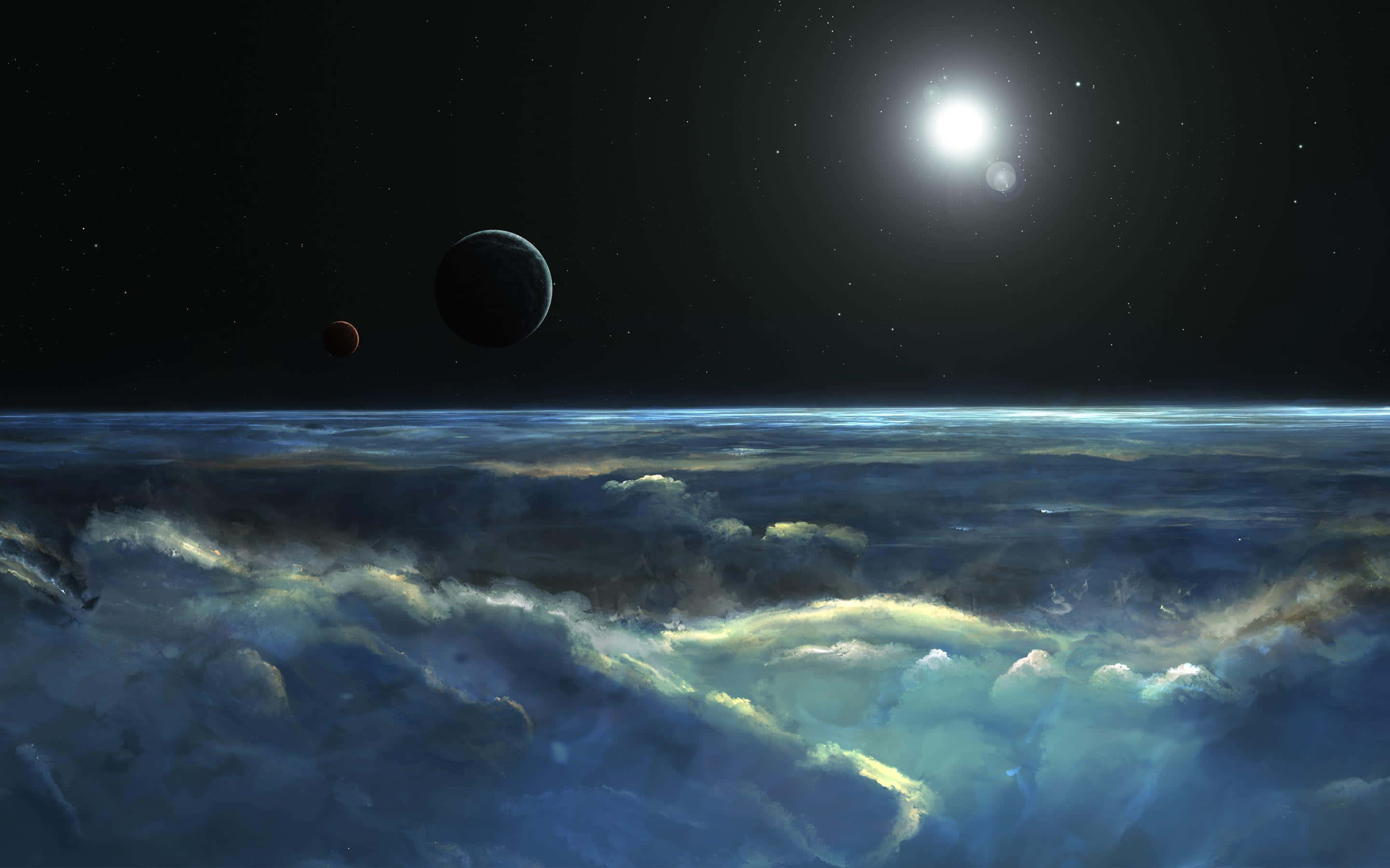 Atmosphere 桌布 壁紙 — 宇宙景觀顯示在星空下旋轉的藍色和綠色雲層，有兩顆行星和一顆明亮的太陽。