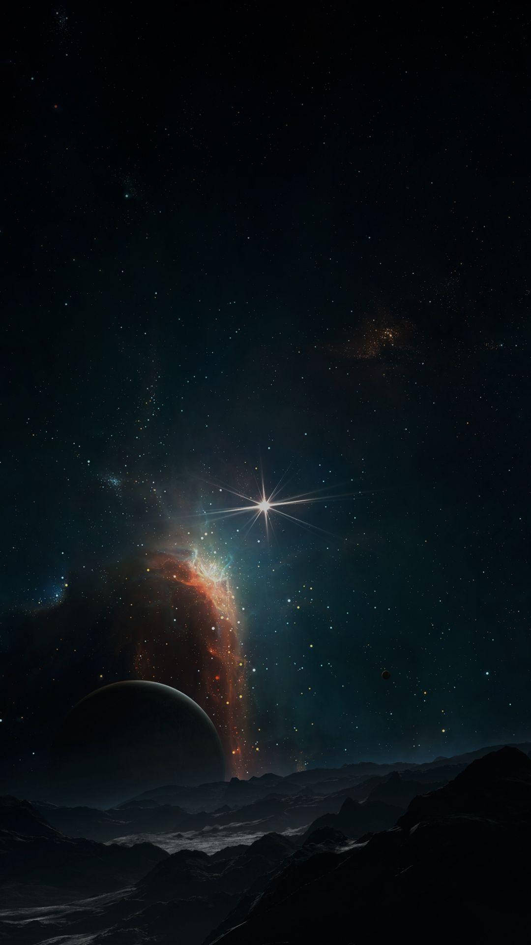 AMOLED 桌布 壁紙 — 宇宙景觀顯示在繁星夜空下，黑暗山峰上方有發光的星雲和明亮的星星。