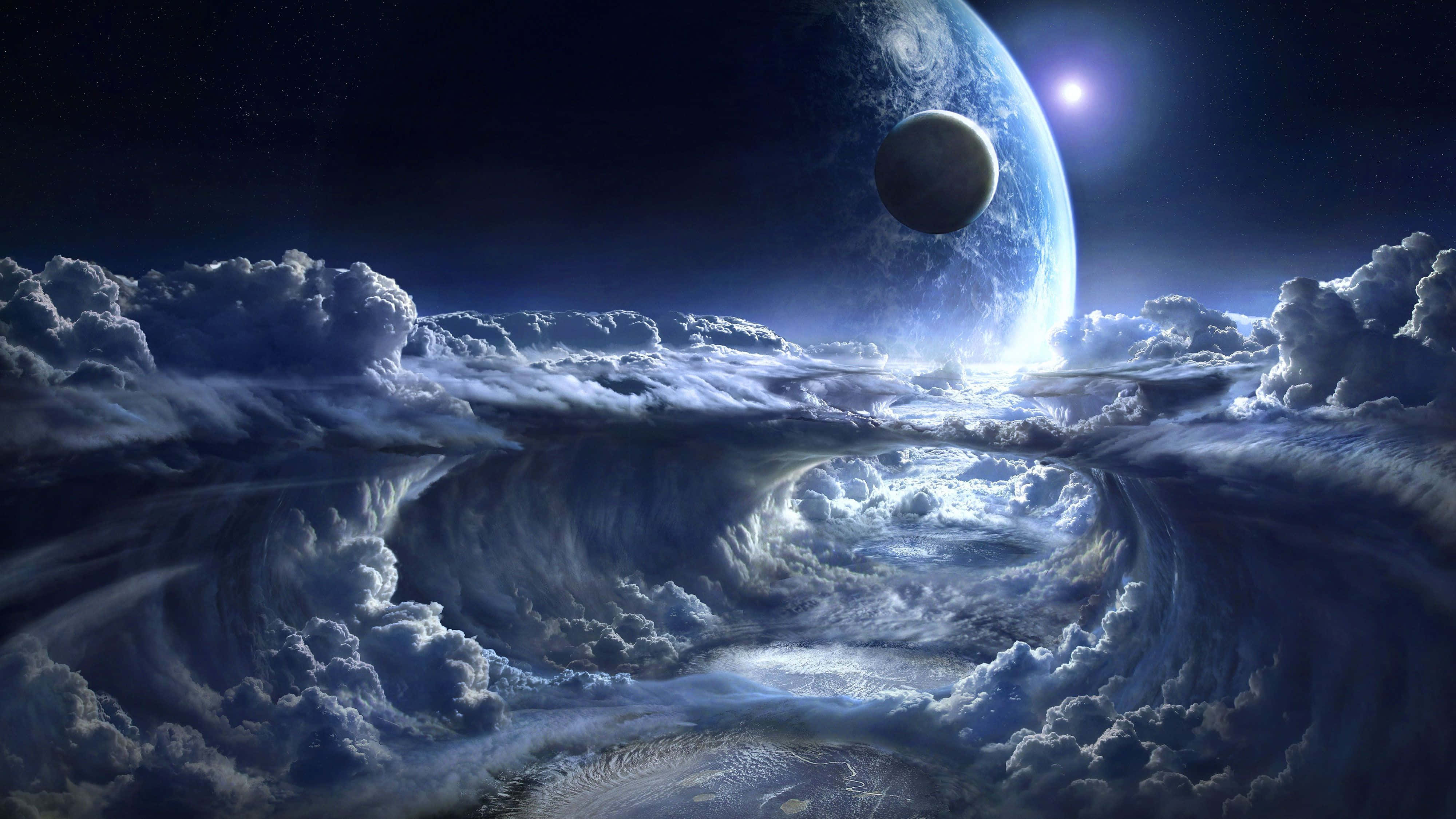 桌布 壁紙 — 宇宙景觀顯示在繁星點點的夜空下，發光的行星和月亮下方有旋轉的雲層。