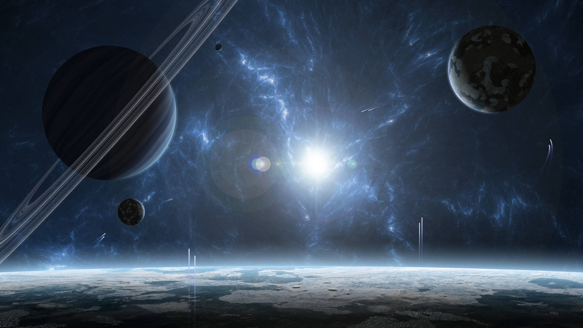 行星和環在充滿星雲的太空空間中繞著一顆明亮恆星運行。 — 行星動畫 壁紙