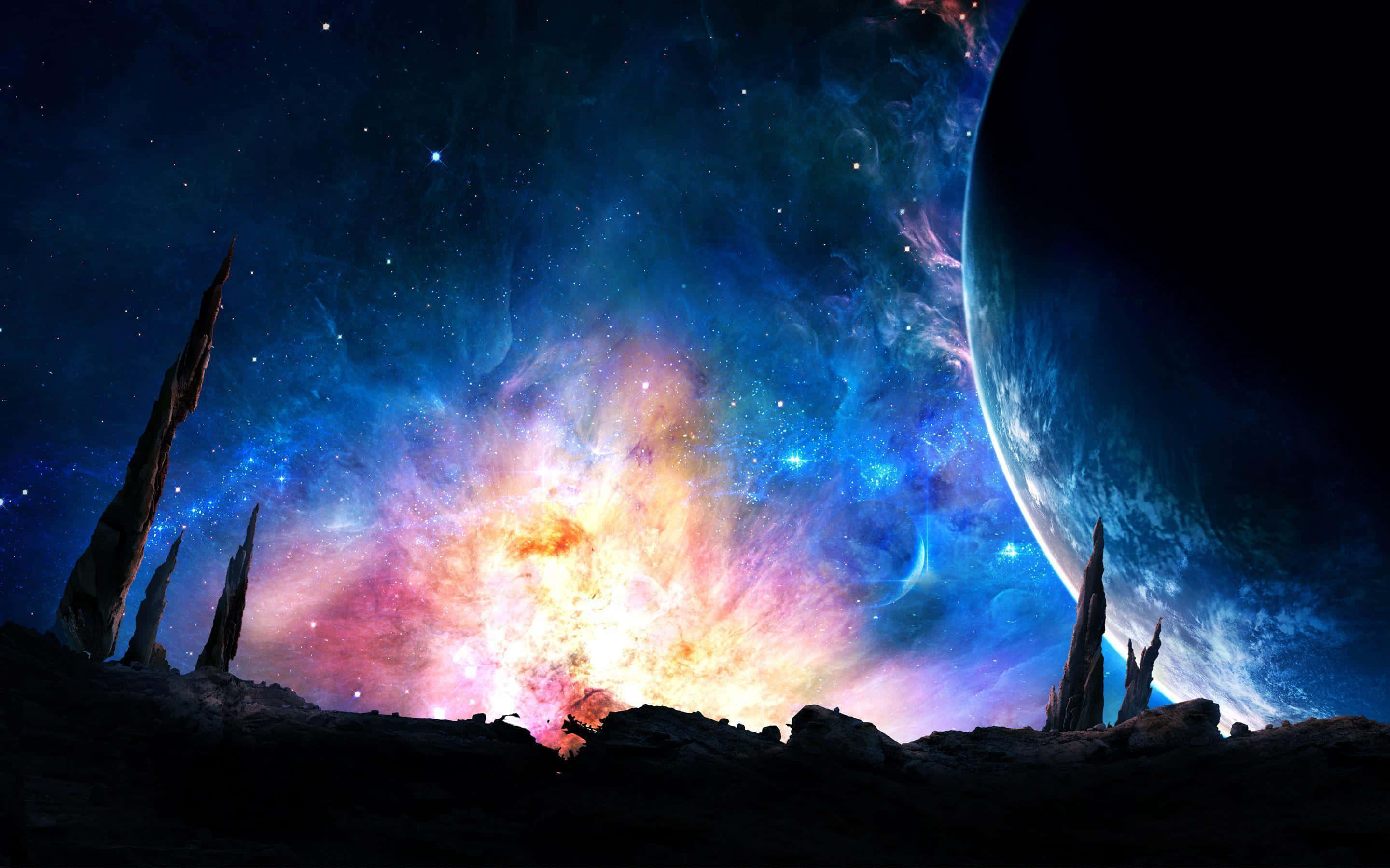 銀河 桌布 壁紙 — 宇宙景觀顯示鋸齒狀的外星尖塔在深空中以鮮豔星雲和巨大行星為背景形成剪影。