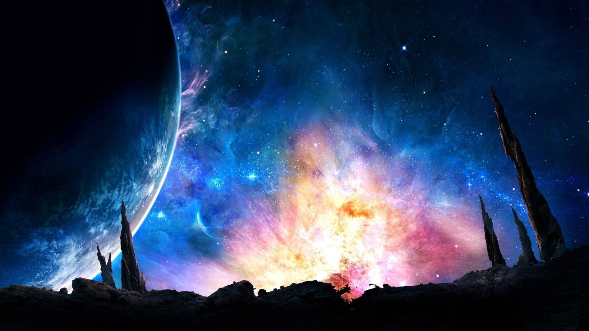 銀河 桌布 壁紙 — 宇宙景觀顯示鋸齒狀的外星岩石結構在深空中以鮮豔星雲和巨大行星為背景形成剪影。