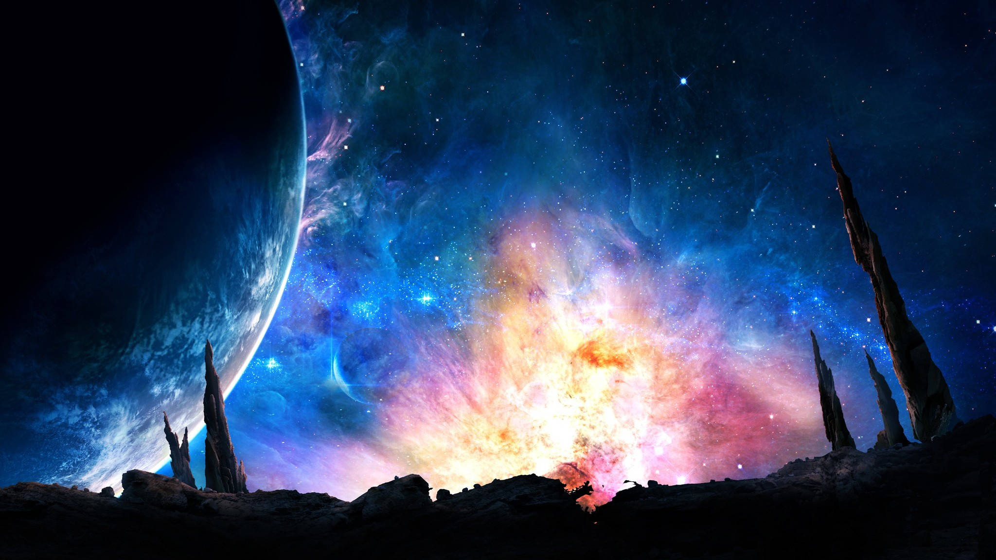 行星動畫 桌布 壁紙 — 宇宙景觀顯示鋸齒狀的外星岩石輪廓，映襯著鮮豔的星雲和深空中一顆巨大的行星。
