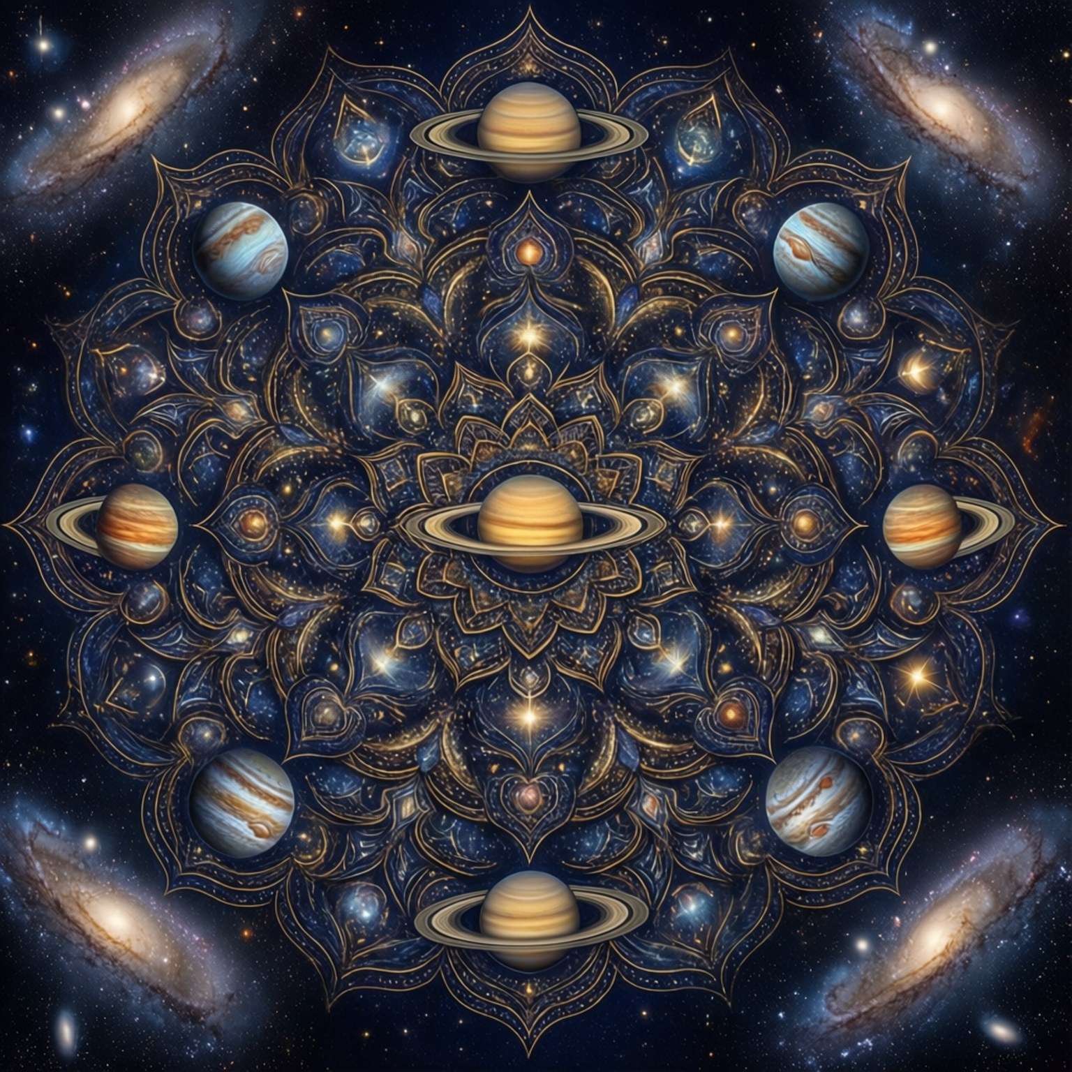 宇宙曼陀羅 壁紙 — 一個宇宙曼陀羅從中心的土星向外輻射，周圍環繞著深藍色和金色的行星與星系。
