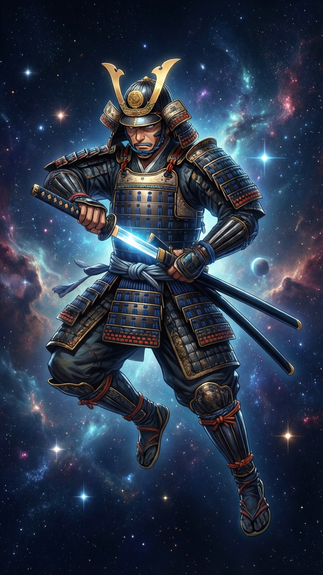 宇宙武士 壁紙 — 一位身穿精細盔甲的武士漂浮在充滿活力的宇宙星雲中，手持發光的劍。