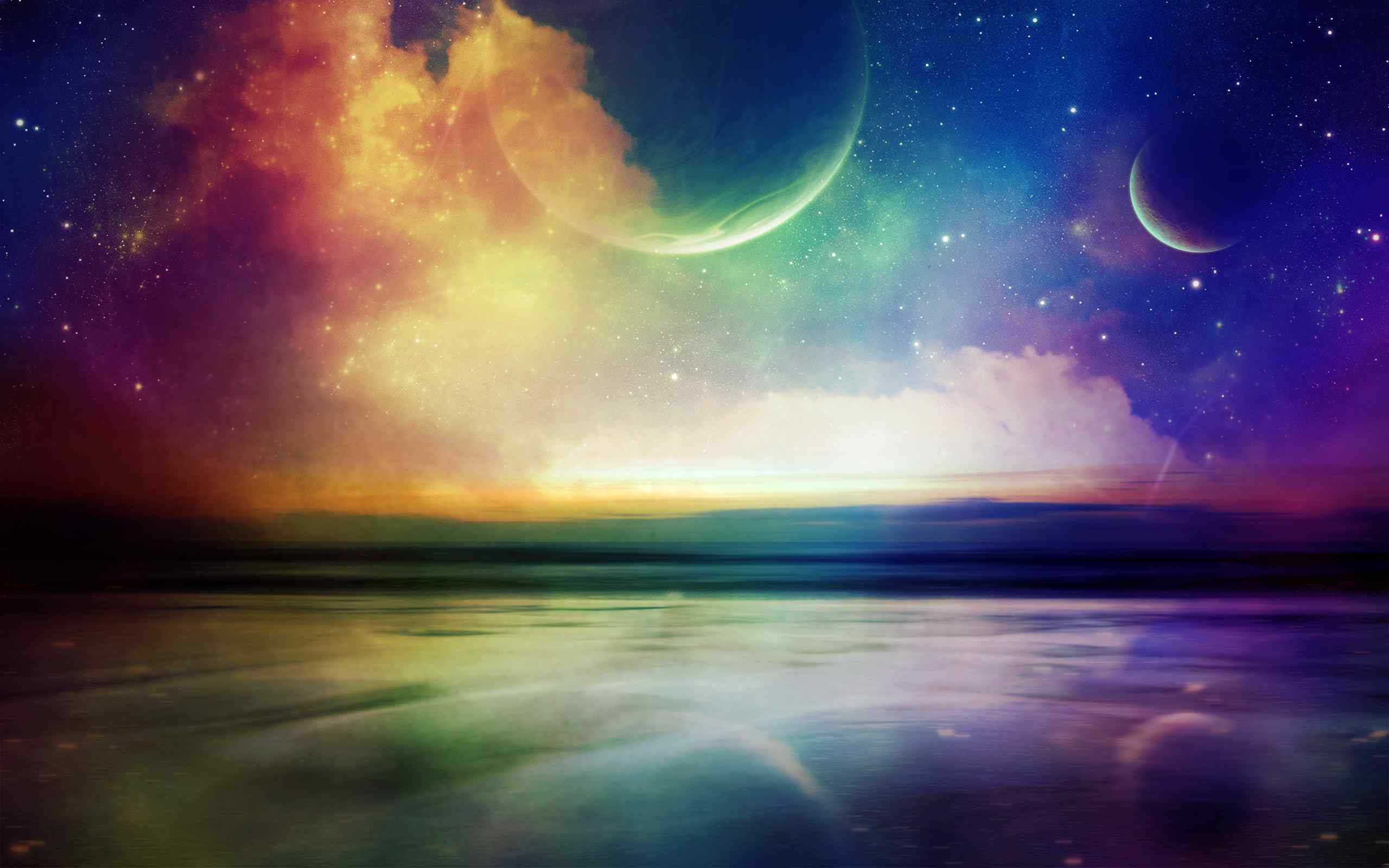 Outlook 桌布 壁紙 — 宇宙海景，發光的星雲和彎月映照在寧靜的外星海洋中，星空下。