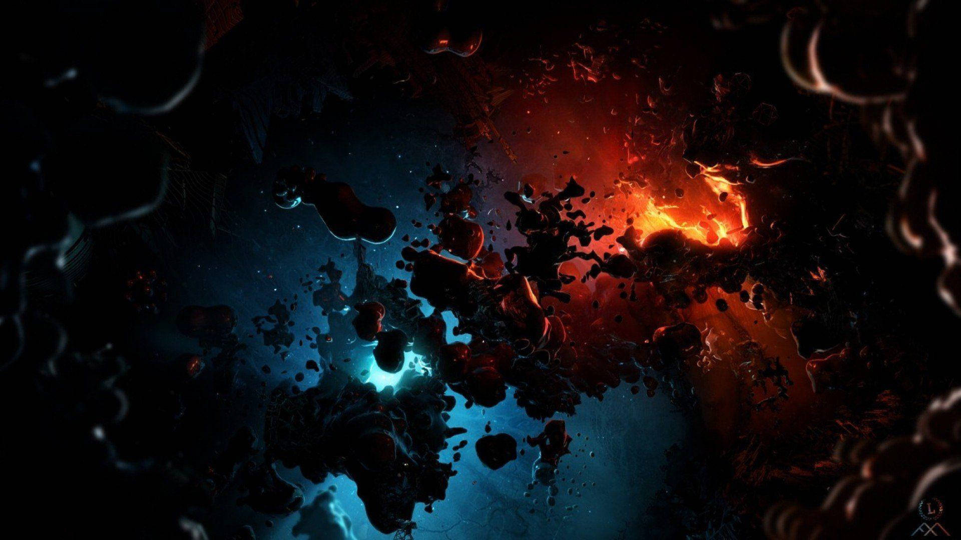 圖形 桌布 壁紙 — 宇宙爆炸，火紅與電藍色星雲在黑暗虛空中綻放，漂浮著碎片。