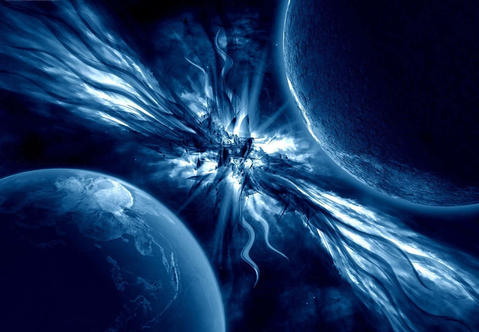 Frostbite 桌布 壁紙 — 宇宙爆炸在深空兩顆行星之間輻射出藍色能量。