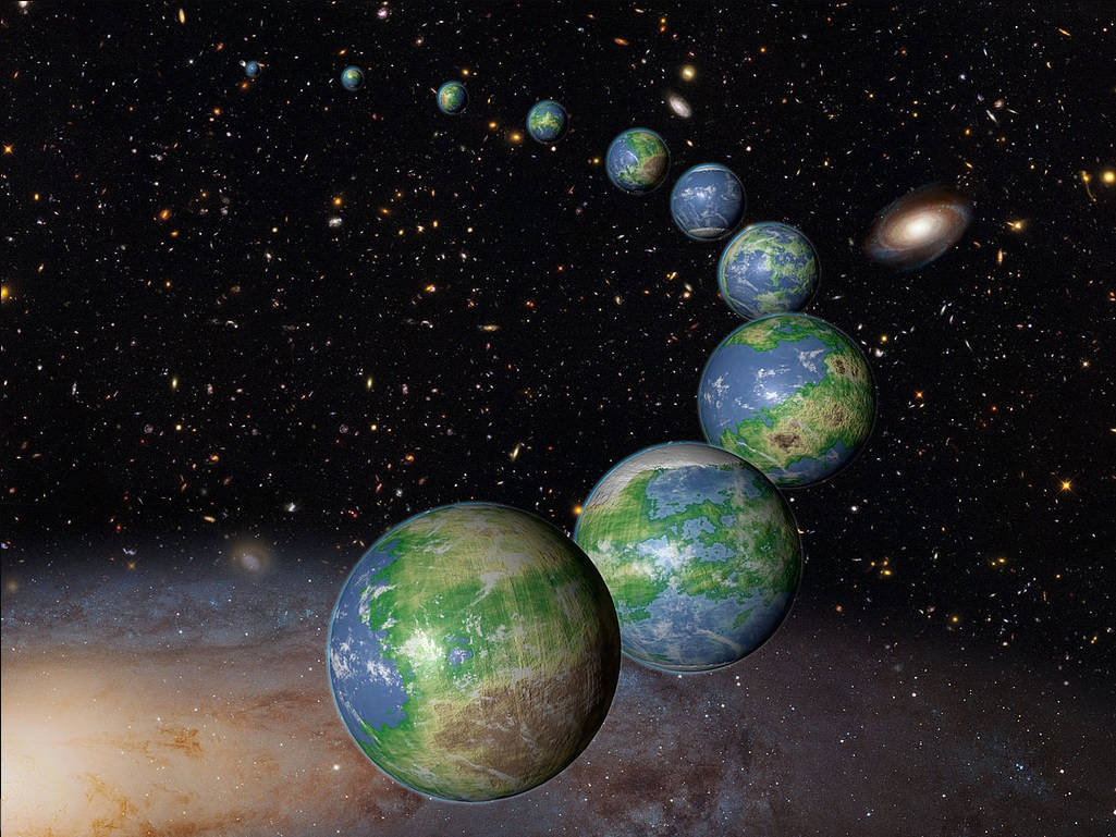 多重宇宙 桌布 壁紙 — 宇宙級聯中的類地行星螺旋穿過星場，遙遠的星系在虛空中發光。