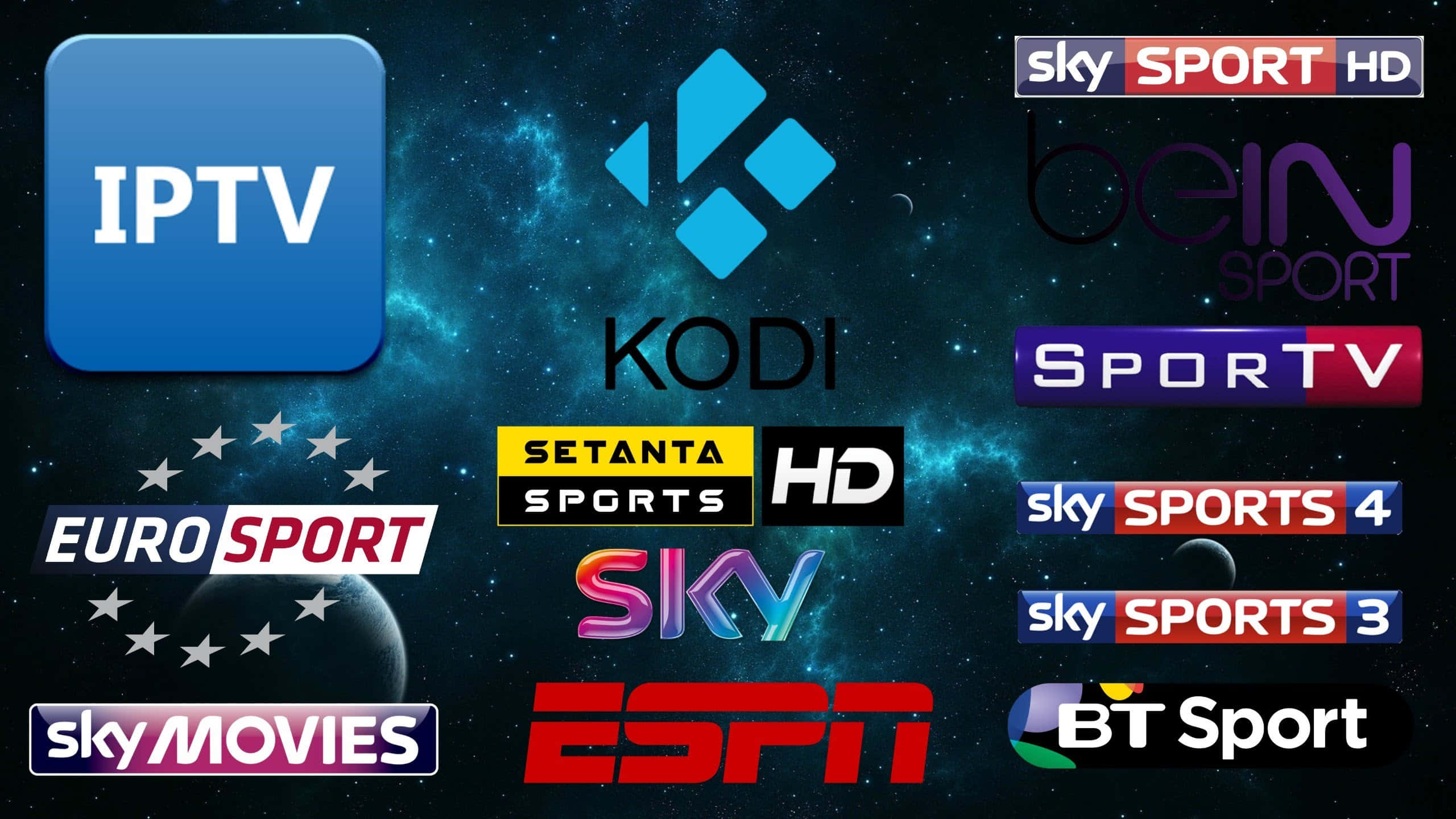 channel 桌布 壁紙 — 宇宙背景展示了Kodi IPTV ESPN和Sky Sports等串流和體育服務的鮮豔標誌。