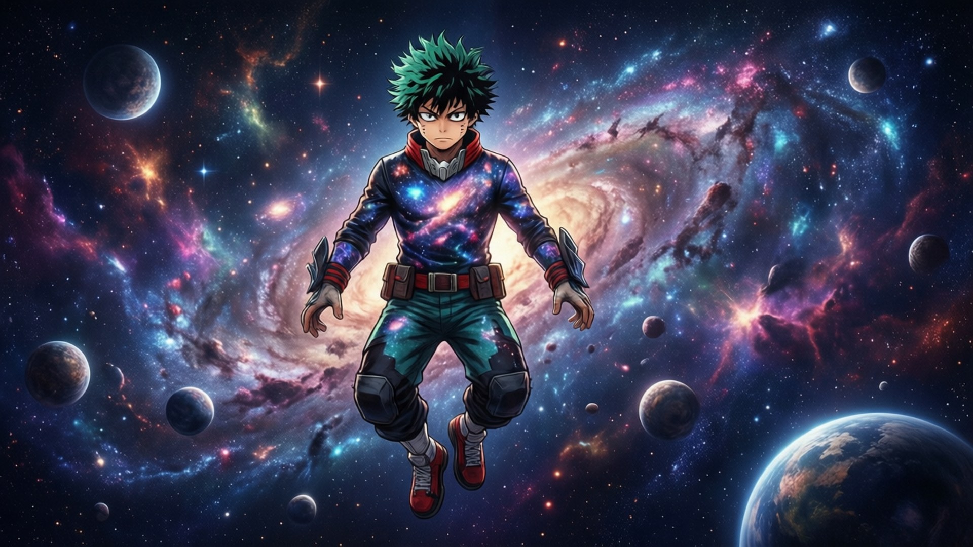 宇宙英雄 壁紙 — 一位綠髮動漫英雄自信地漂浮在充滿活力的宇宙場景中，周圍有旋轉的星系和漂浮的行星。